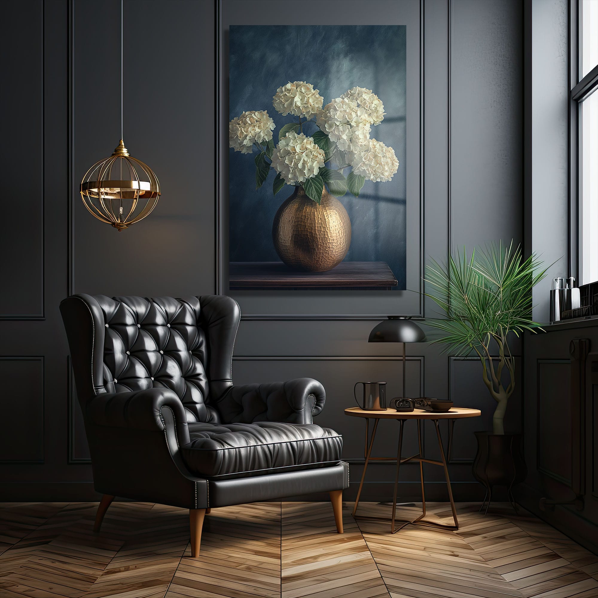 Elegansın Dokunuşu: Altın Vazoda Beyaz Hydrangea Cam Tablo