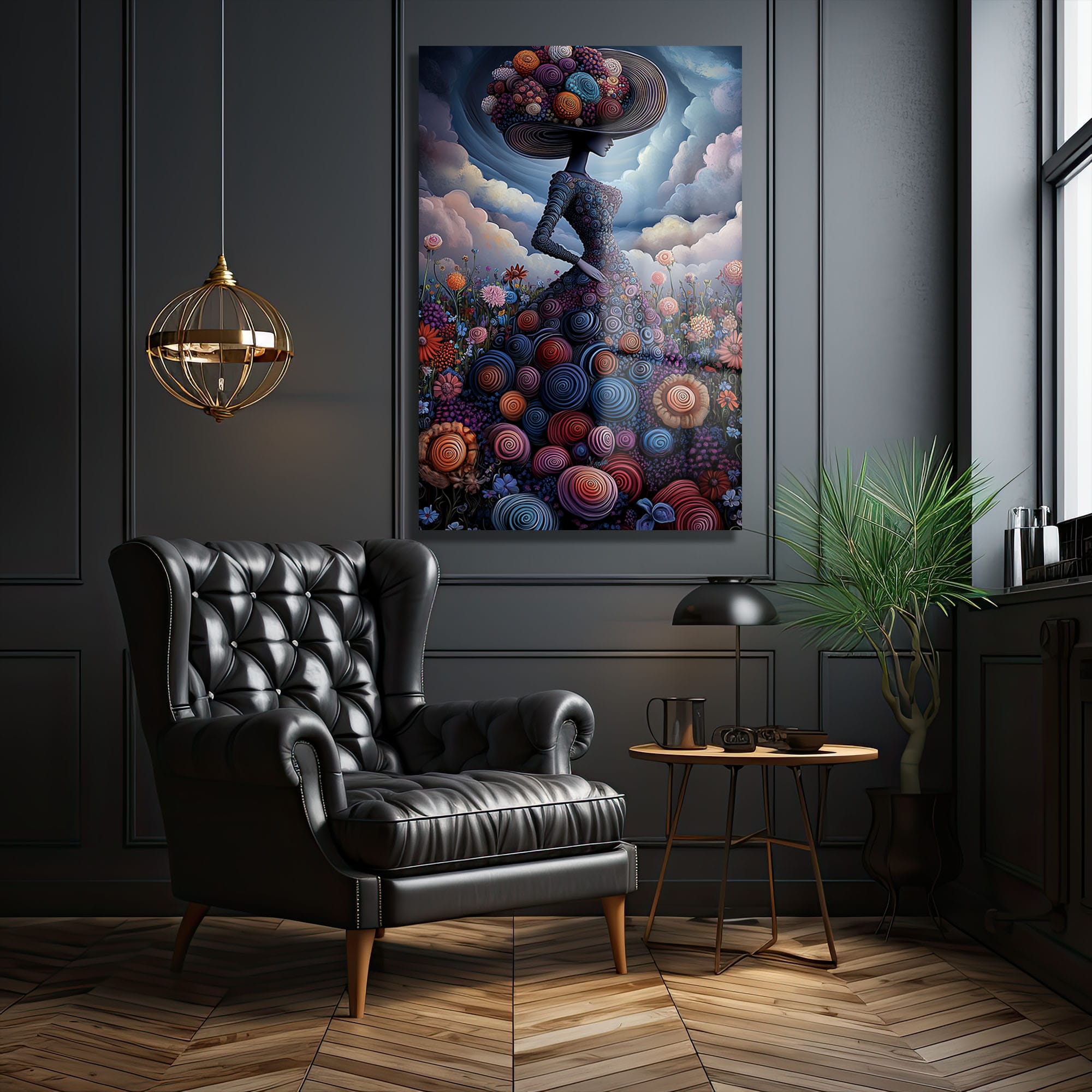 Sürreal Bahçe Kadını: Modern Sanat Temalı Dekoratif Cam Tablo