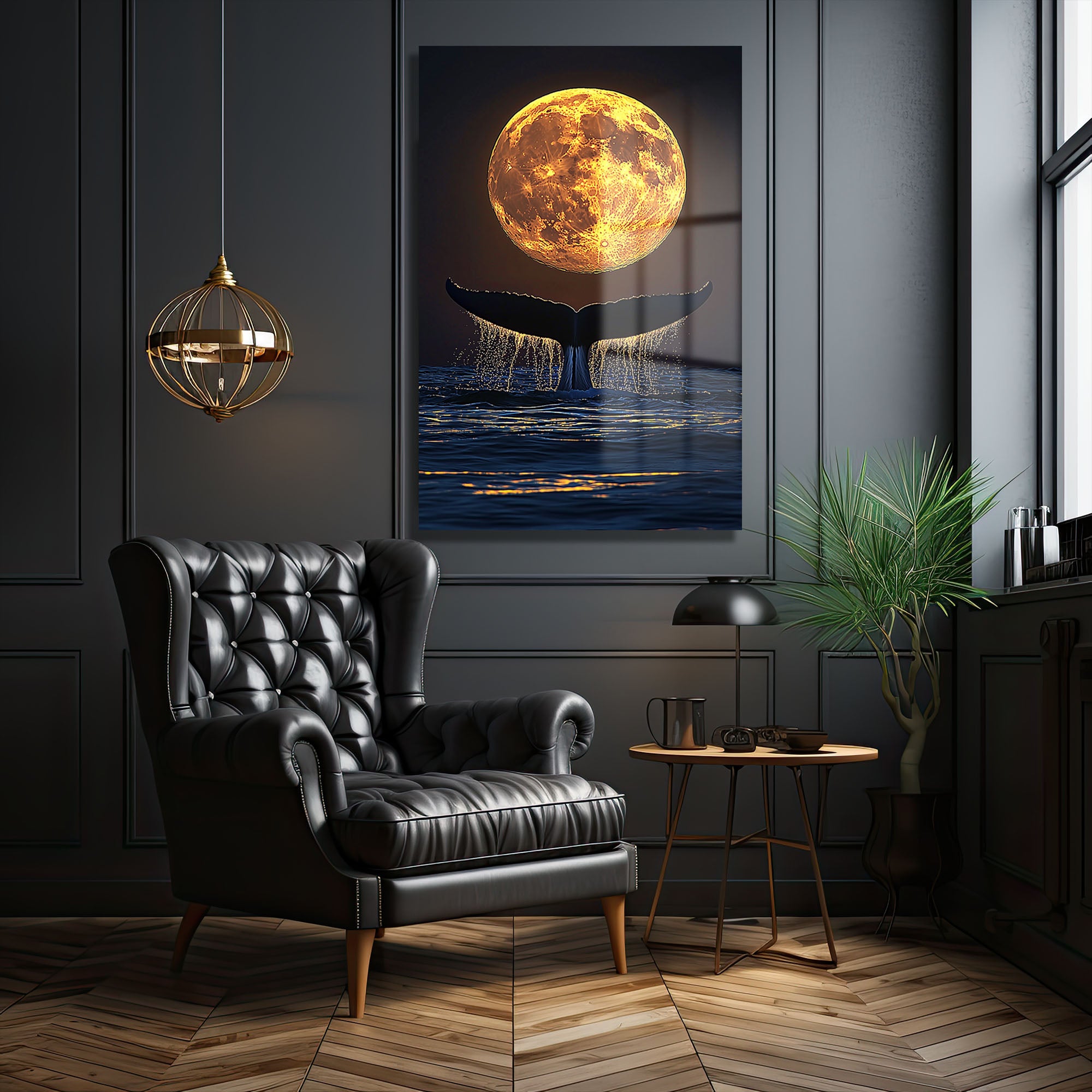 Ay Işığı Dansı: Balina ve Dolunay Temalı Modern Cam Tablo