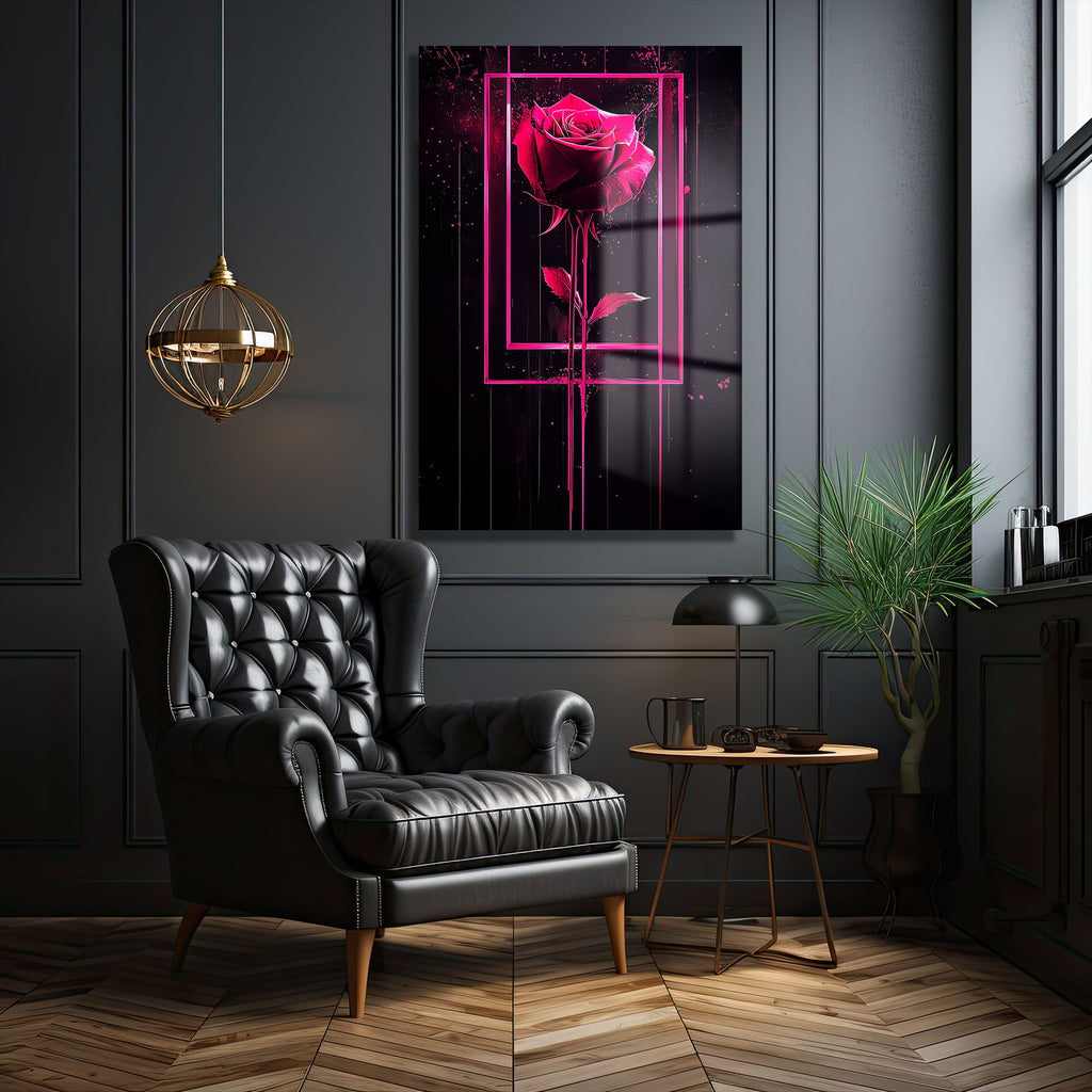 Dramatik Pembe Gül: Neon Çerçeveli Modern Sanat Cam Tablo