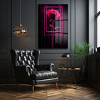 Dramatik Pembe Gül: Neon Çerçeveli Modern Sanat Cam Tablo