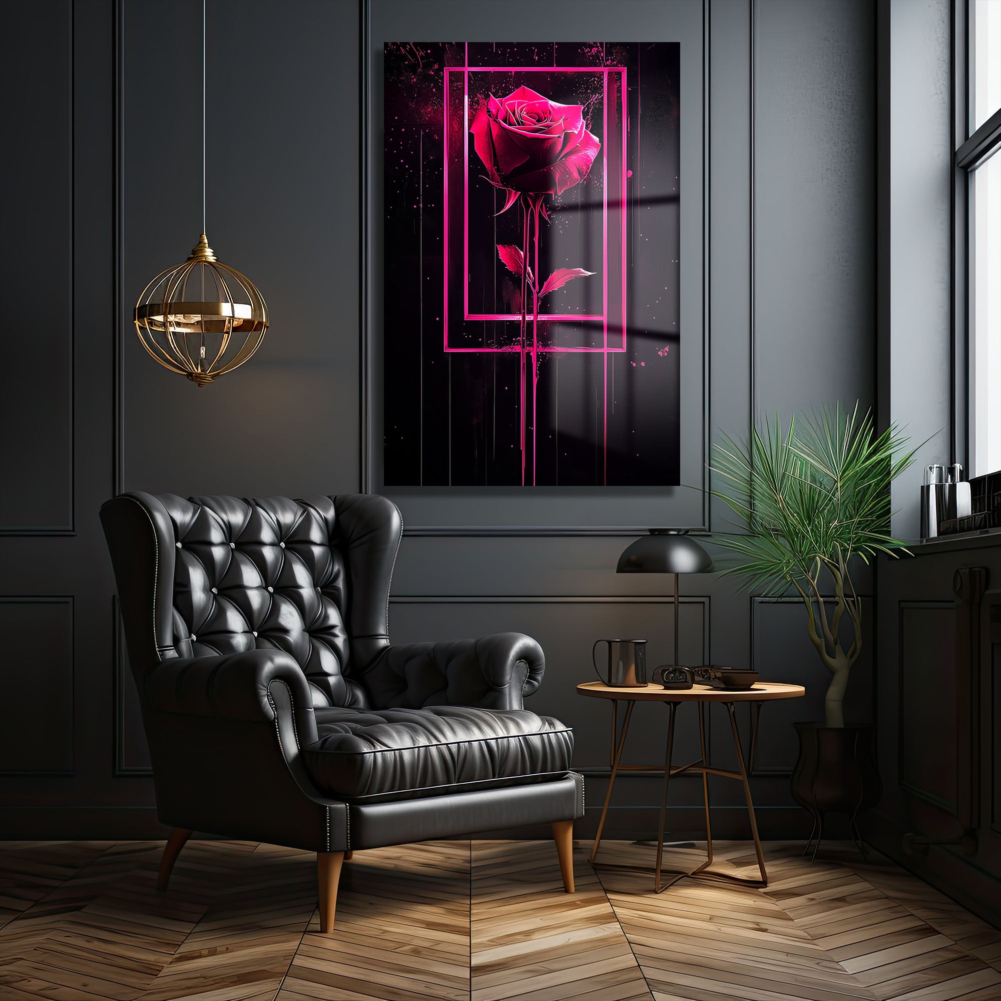 Dramatik Pembe Gül: Neon Çerçeveli Modern Sanat Cam Tablo