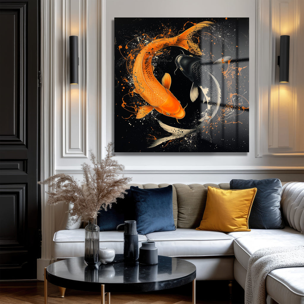 Koi Balığı Yin-Yang Sanatsal Sıçramalar Cam Tablo