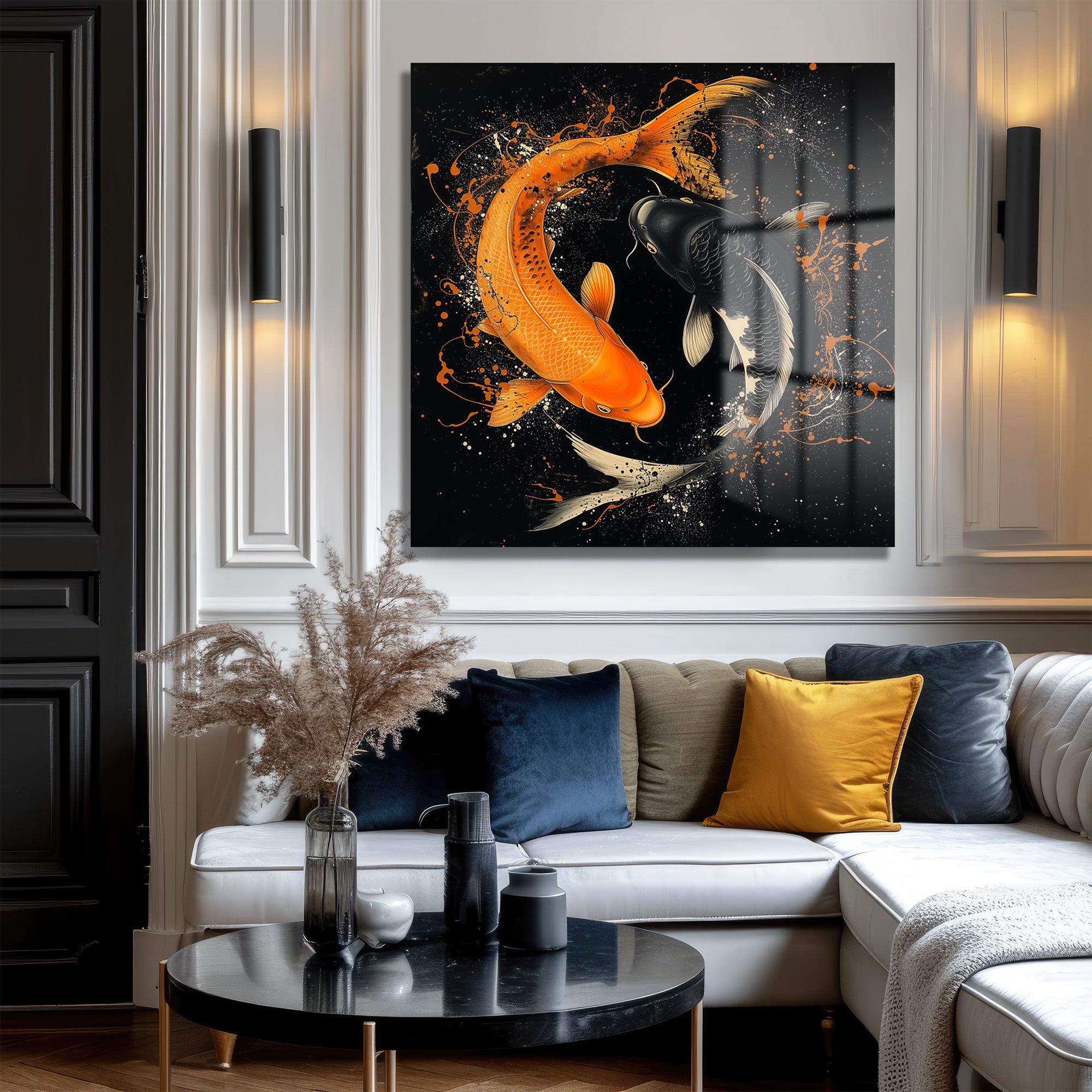 Koi Balığı Yin-Yang Sanatsal Sıçramalar Cam Tablo