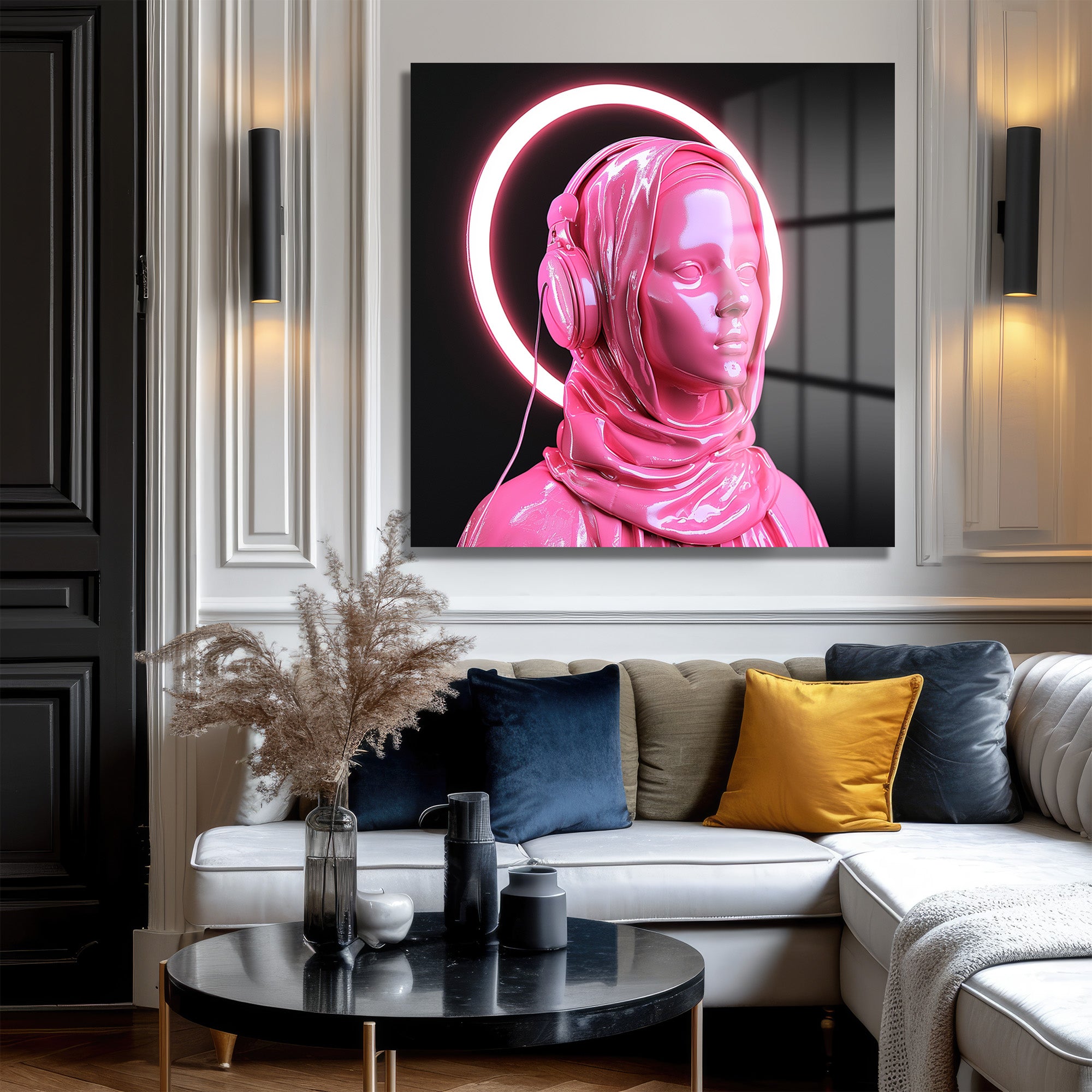 Pembe Neon Haleli Fütüristik Kadın Cam Tablo