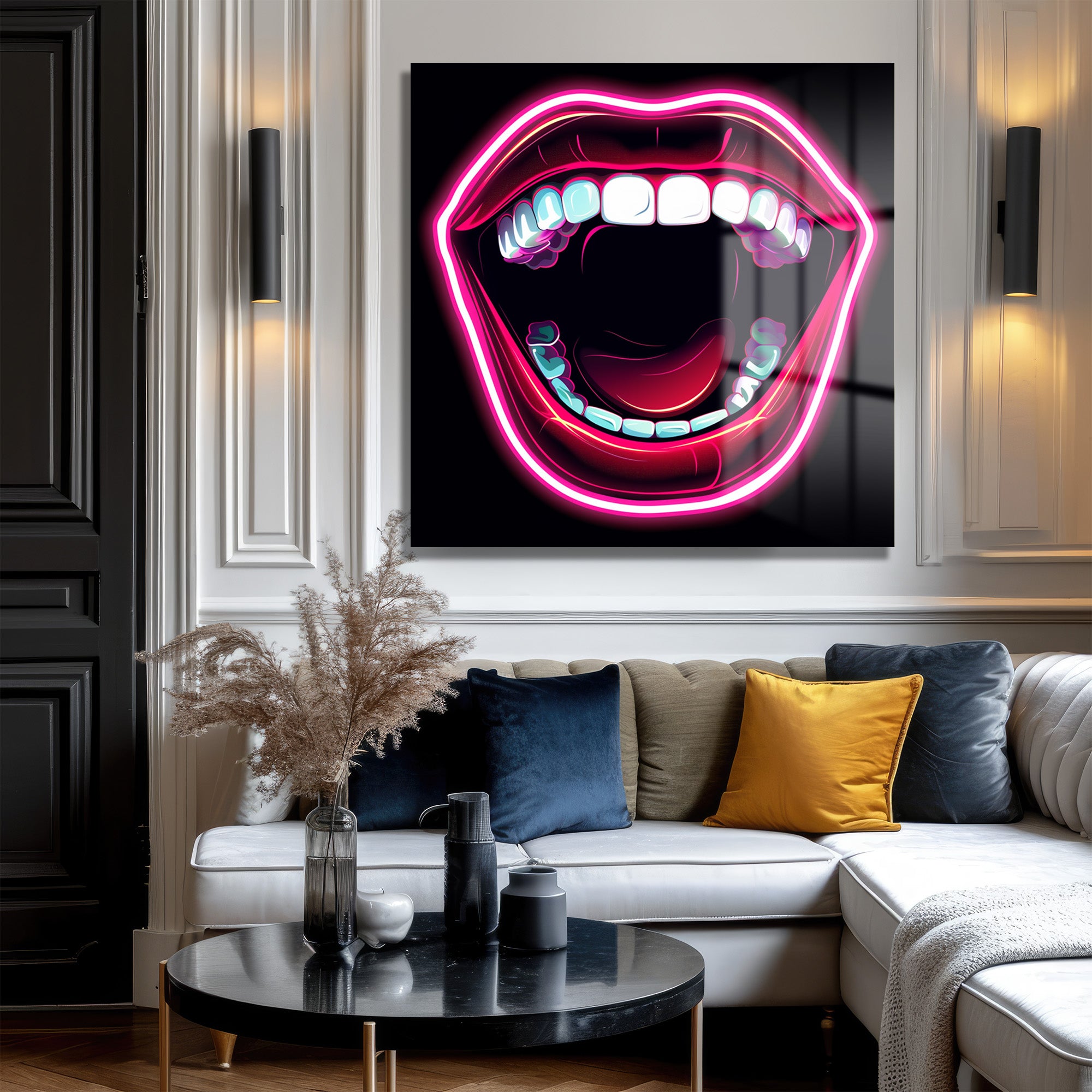 Neon Dudaklar Pop Art Cam Tablo - Enerjik Duvar Sanatı
