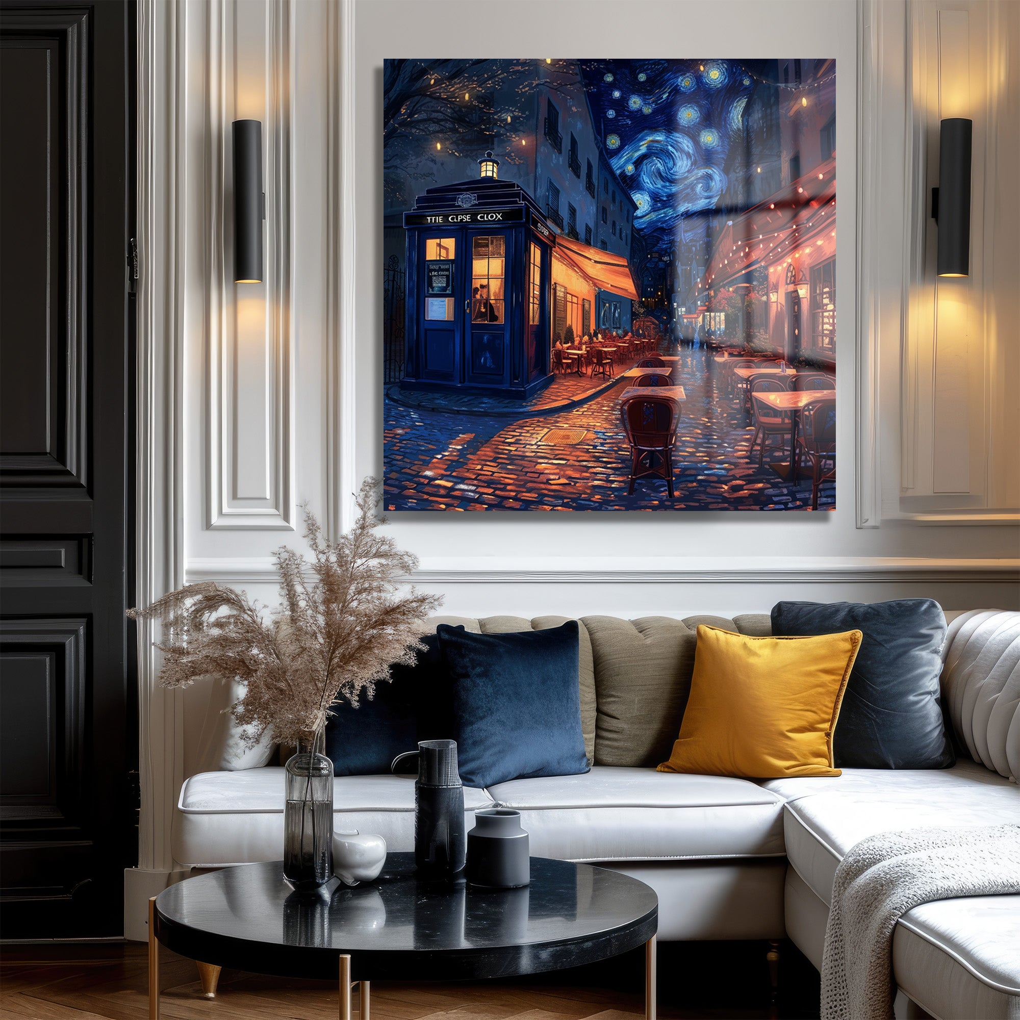 Yıldızlı Gece Paris Sokağı ve Gizemli TARDIS Cam Tablo