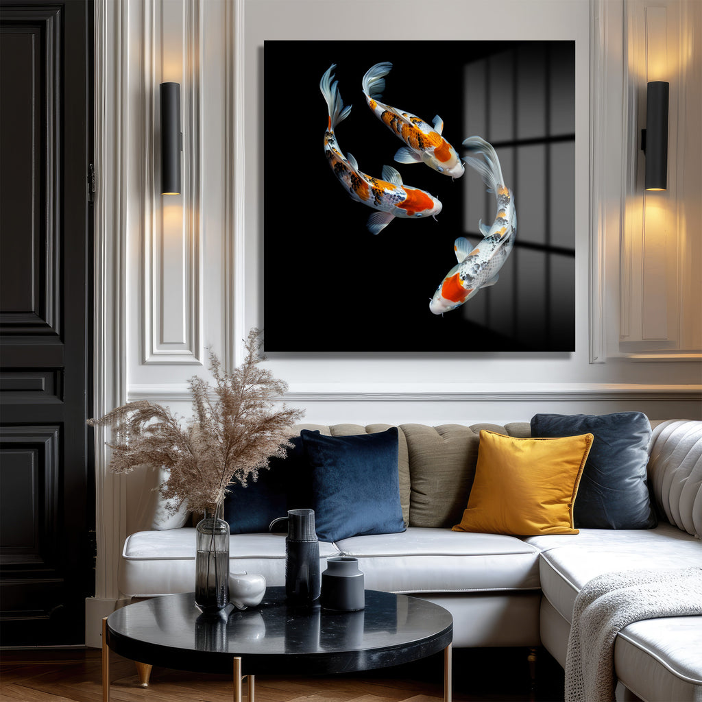 Uyumlu Koi Balıkları Cam Tablo – Feng Shui ve Zarafet