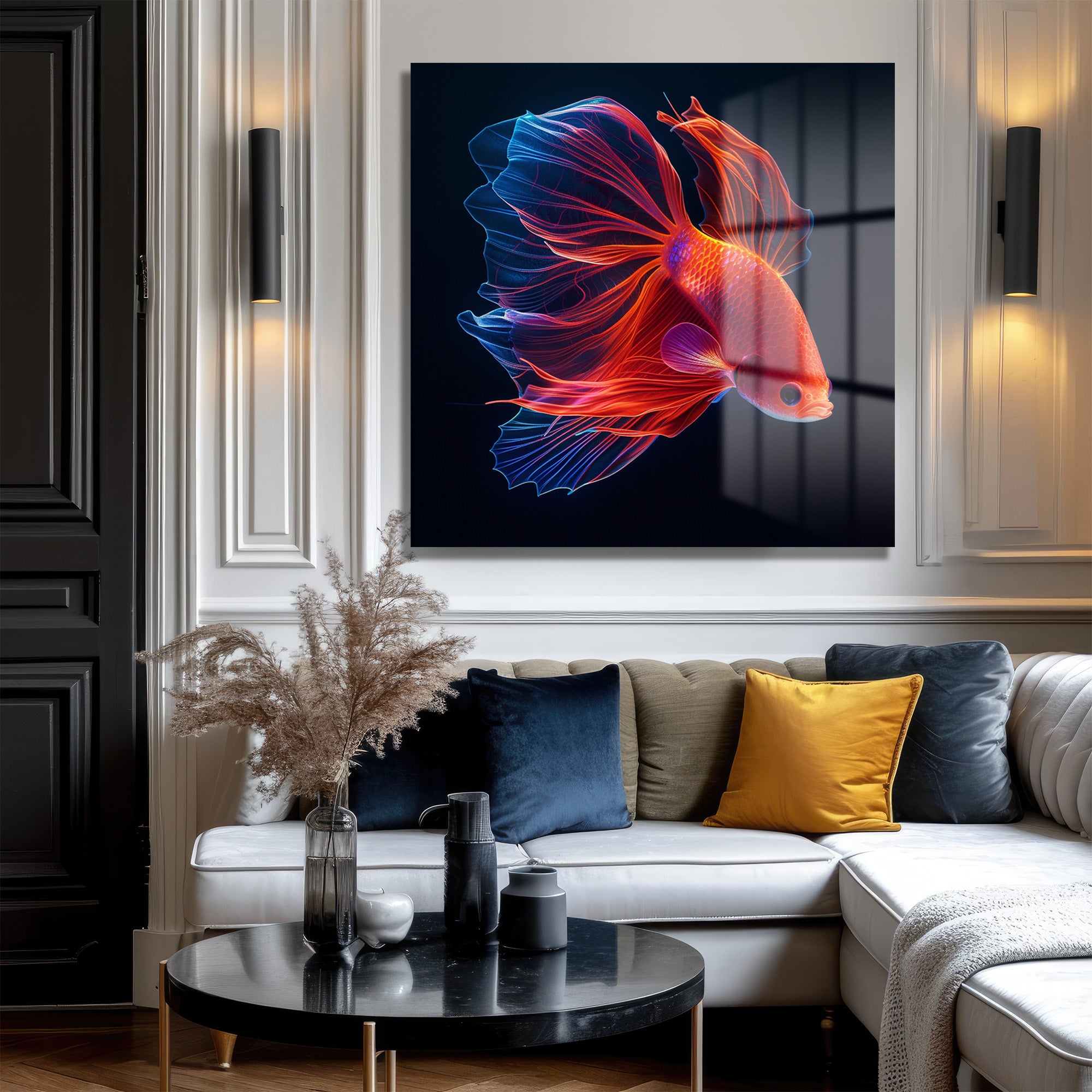 Ateş ve Buz Betta Balığı Cam Tablo - Neon Işıltılı Sanat