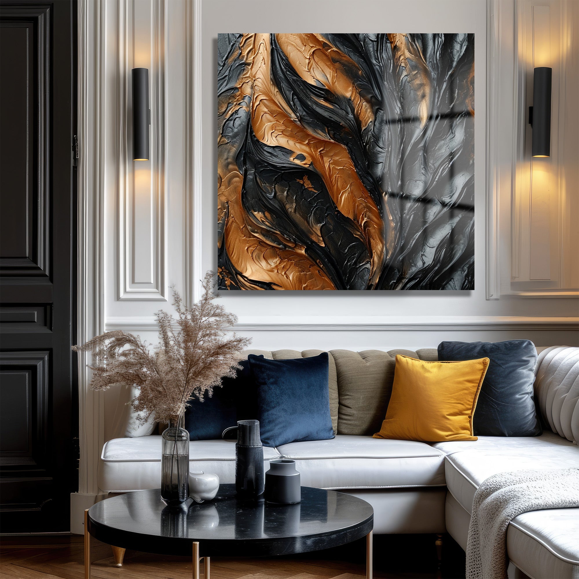 Lüks Siyah Altın Akışkan Sanat Cam Tablo