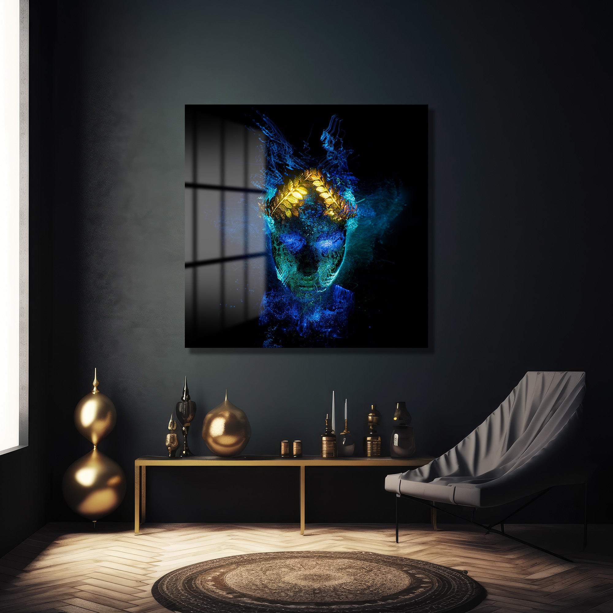 Mistik Aura: Dijital Sanat Temalı Işıltılı Cam Tablo