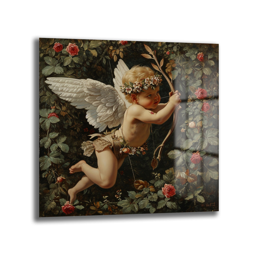 Gül bahçesinde, kanatlı, çiçek taçlı ve yay tutan bir aşk meleği Cupid'in klasik yağlı boya tablosu.