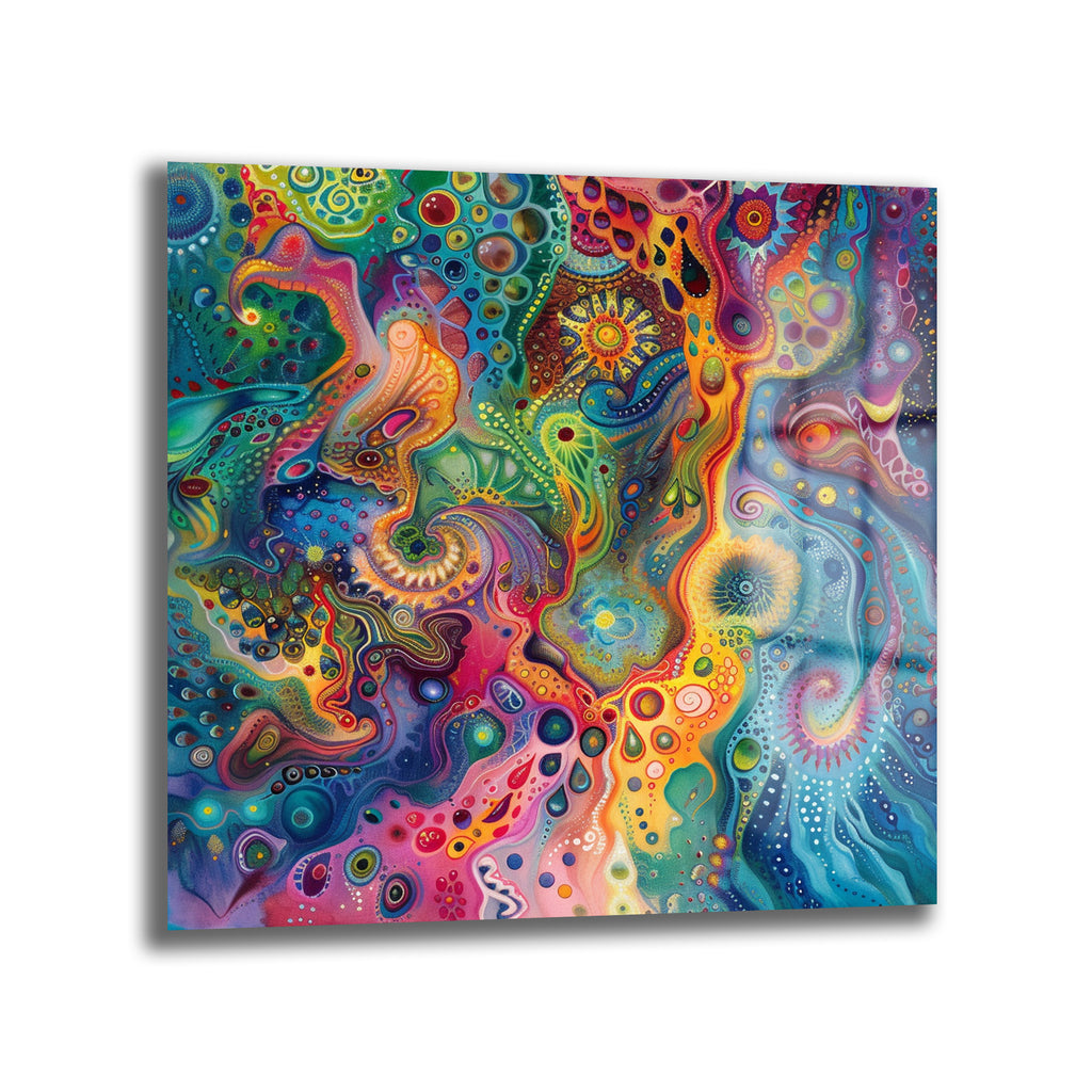 Canlı, çok renkli ve karmaşık desenlere sahip, psychedelic ve soyut bir sanat eserini gösteren cam tablo. Mavi, yeşil, sarı, turuncu ve pembe tonlarında organik şekiller, spiraller ve noktacıklar birbirine karışıyor.