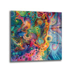Canlı, çok renkli ve karmaşık desenlere sahip, psychedelic ve soyut bir sanat eserini gösteren cam tablo. Mavi, yeşil, sarı, turuncu ve pembe tonlarında organik şekiller, spiraller ve noktacıklar birbirine karışıyor.
