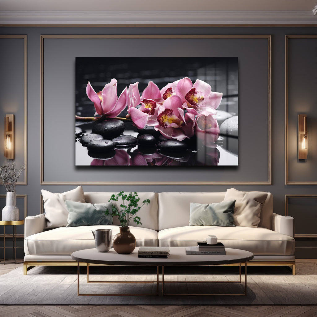 Zen Bahçesi: Pembe Orkide ve Spa Taşları Modern Cam Tablo