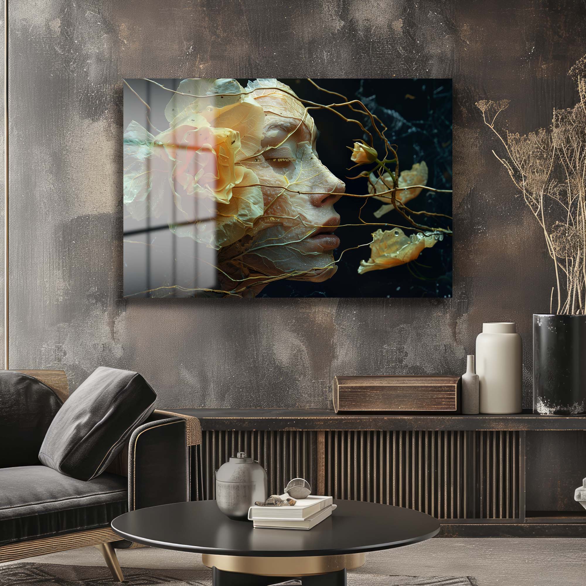 Ethereal Düşler: Sanatsal Kadın Profili ve Çiçek Temalı Cam Tablo