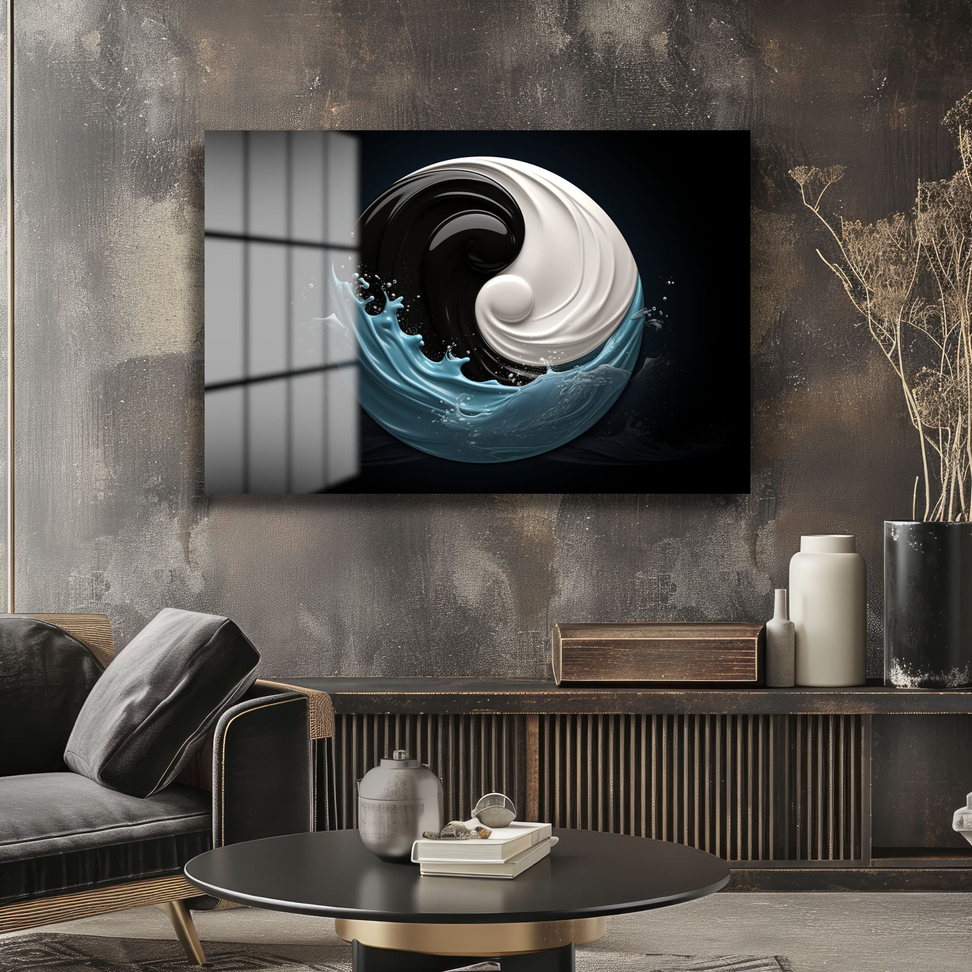 Yin-Yang Dalgaları: Modern Denge Temalı Cam Tablo