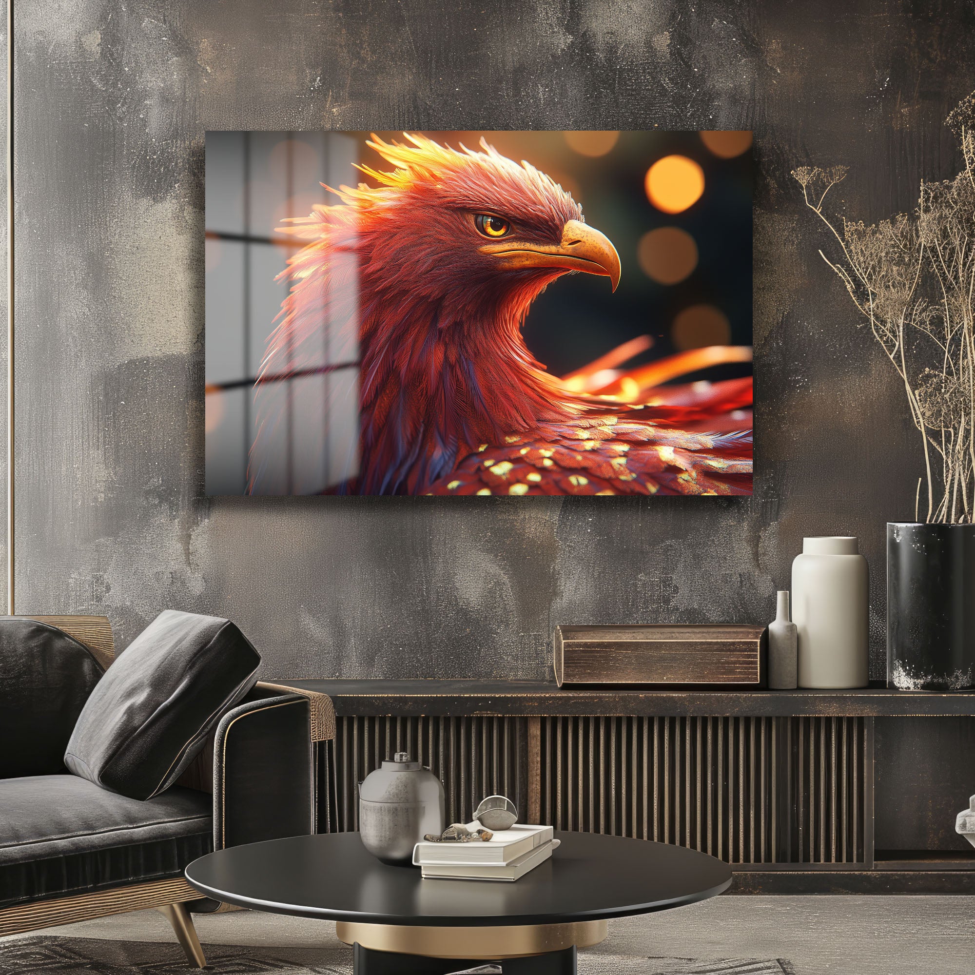 Ateşin Ruhu: Anka Kuşu Temalı Modern Cam Tablo