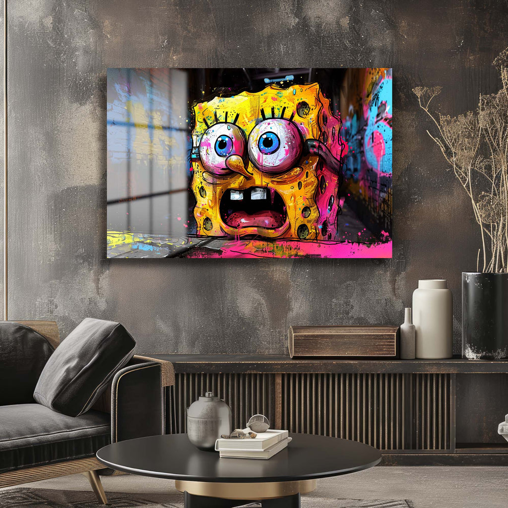 Sünger Bob'un Şaşkınlığı: Urban Graffiti Cam Tablo