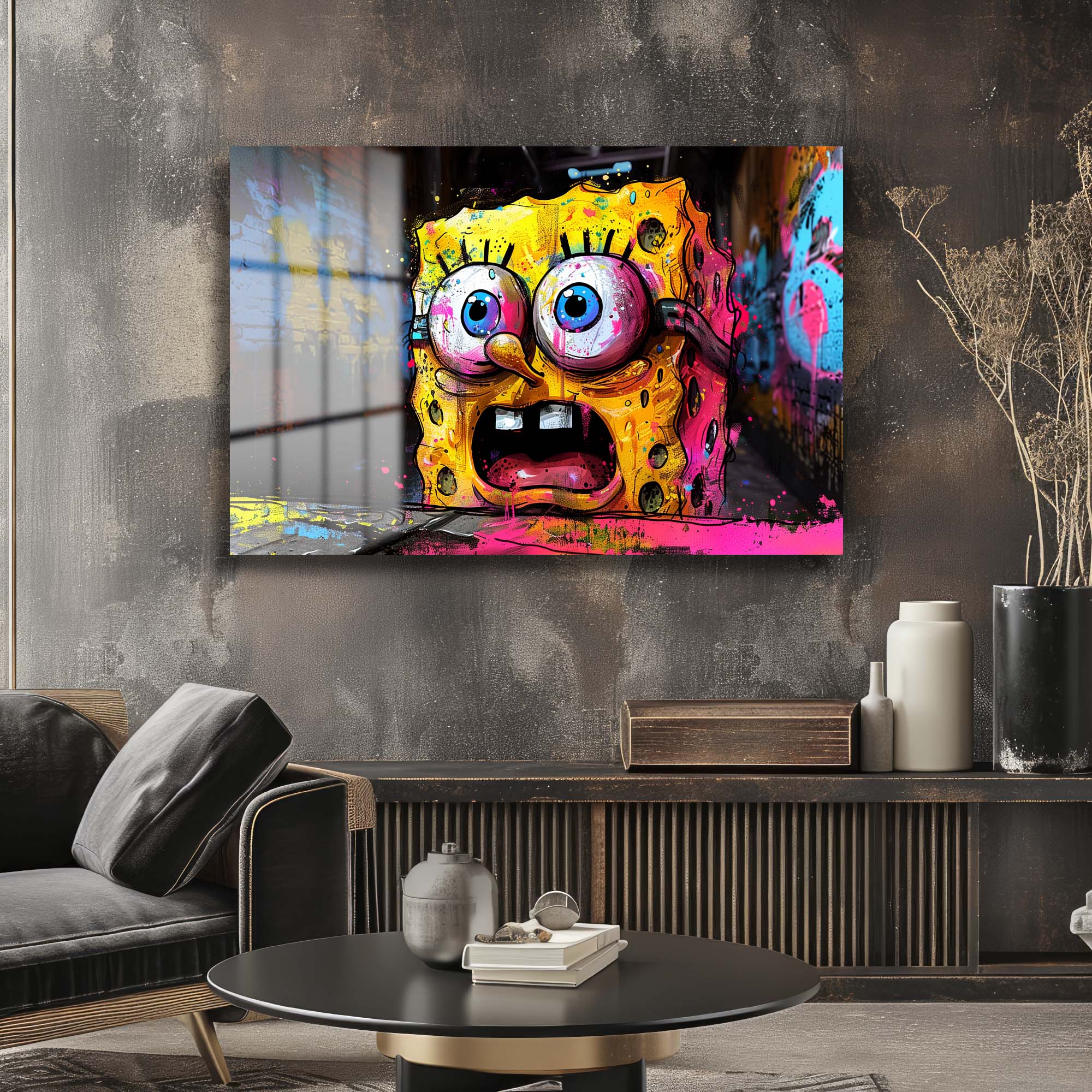 Sünger Bob'un Şaşkınlığı: Urban Graffiti Cam Tablo