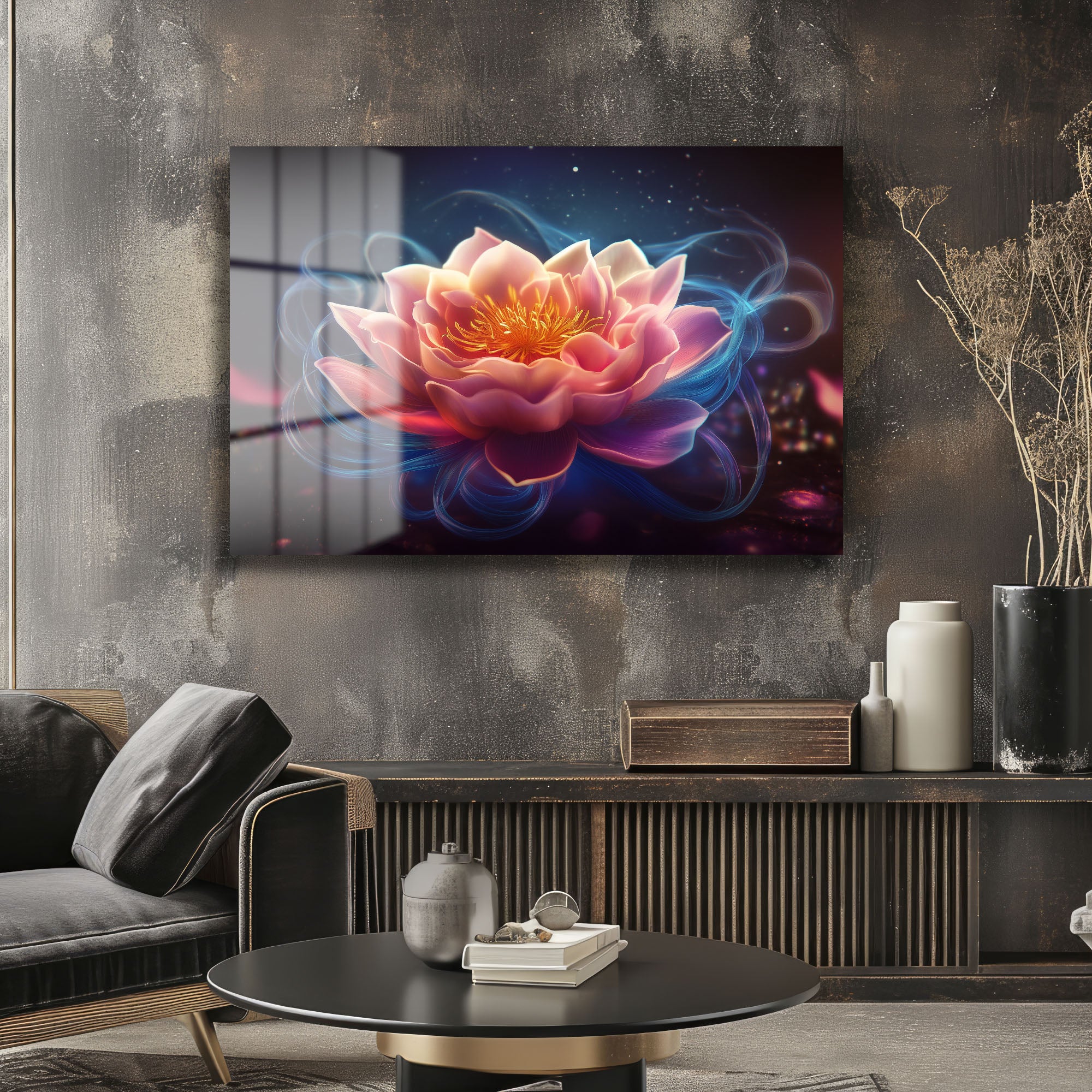 Efsunlu Lotus Çiçeği: Işıltılı Pembe ve Mavi Tonlarında Cam Tablo