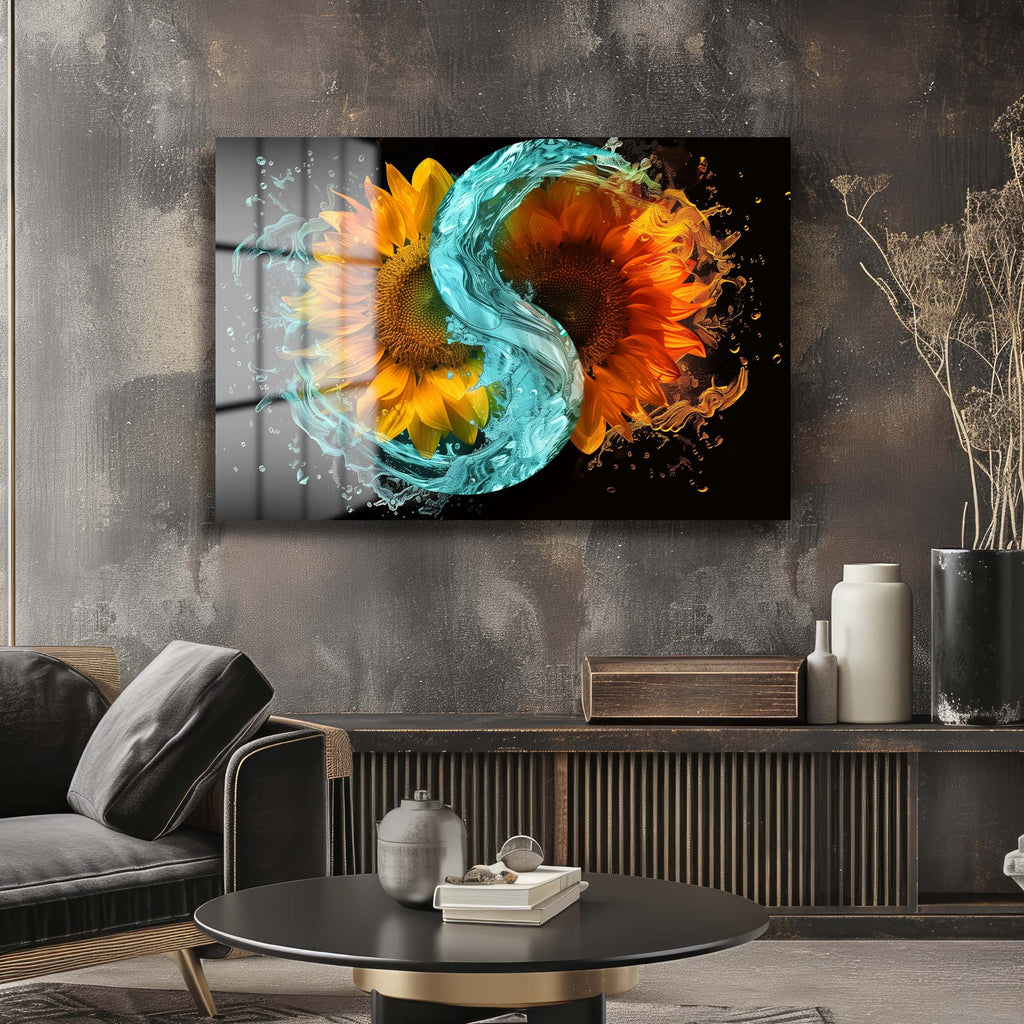 Ateş ve Su Ayçiçeği Dansı: Yin Yang Temalı Modern Cam Tablo