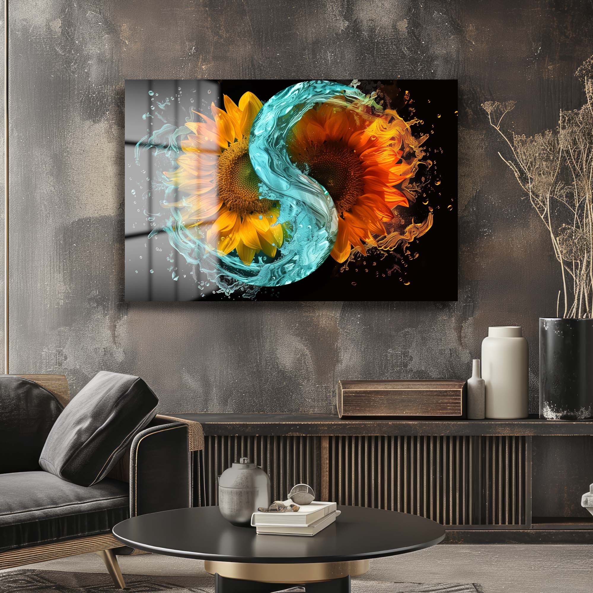 Ateş ve Su Ayçiçeği Dansı: Yin Yang Temalı Modern Cam Tablo