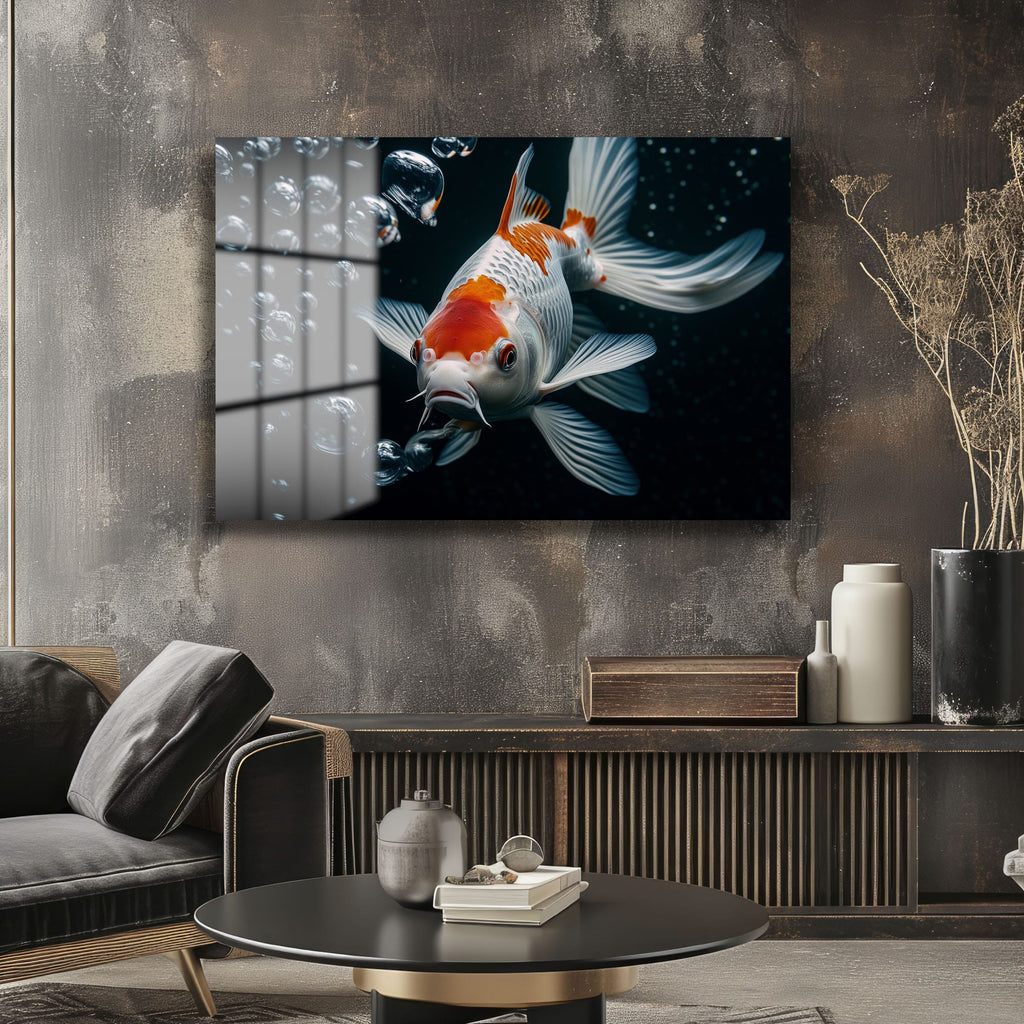 Koi Balığı Dansı: Derinlik ve Zarafet Sunan Modern Cam Tablo
