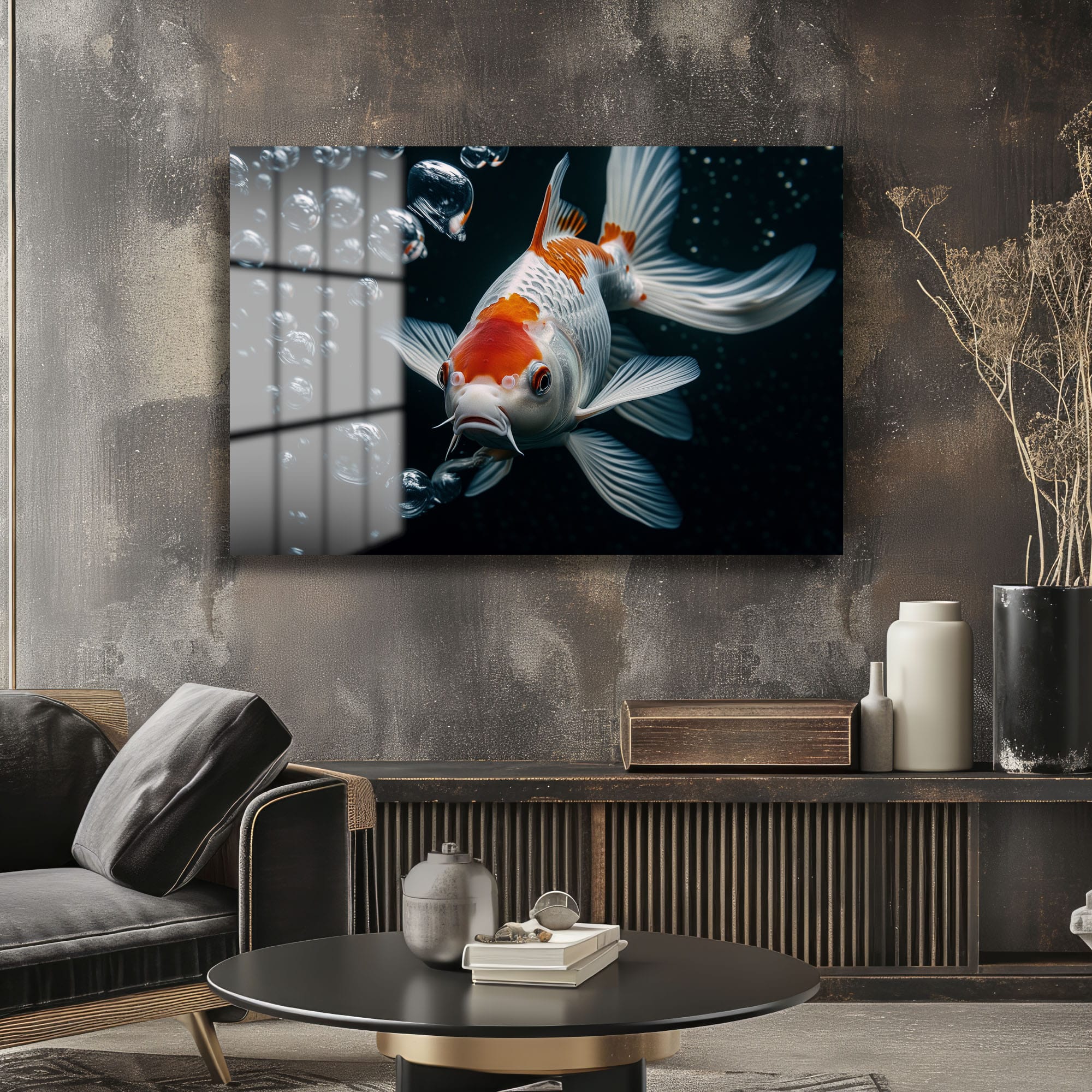 Koi Balığı Dansı: Derinlik ve Zarafet Sunan Modern Cam Tablo