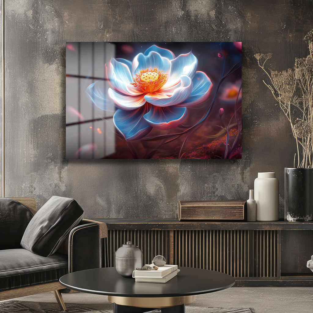Işıltılı Lotus: Büyüleyici Mavi Tonlarda Modern Cam Tablo