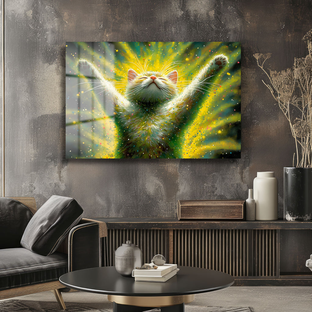 Neşenin Dansı: Enerjik Kedi Temalı Modern Sanat Cam Tablo