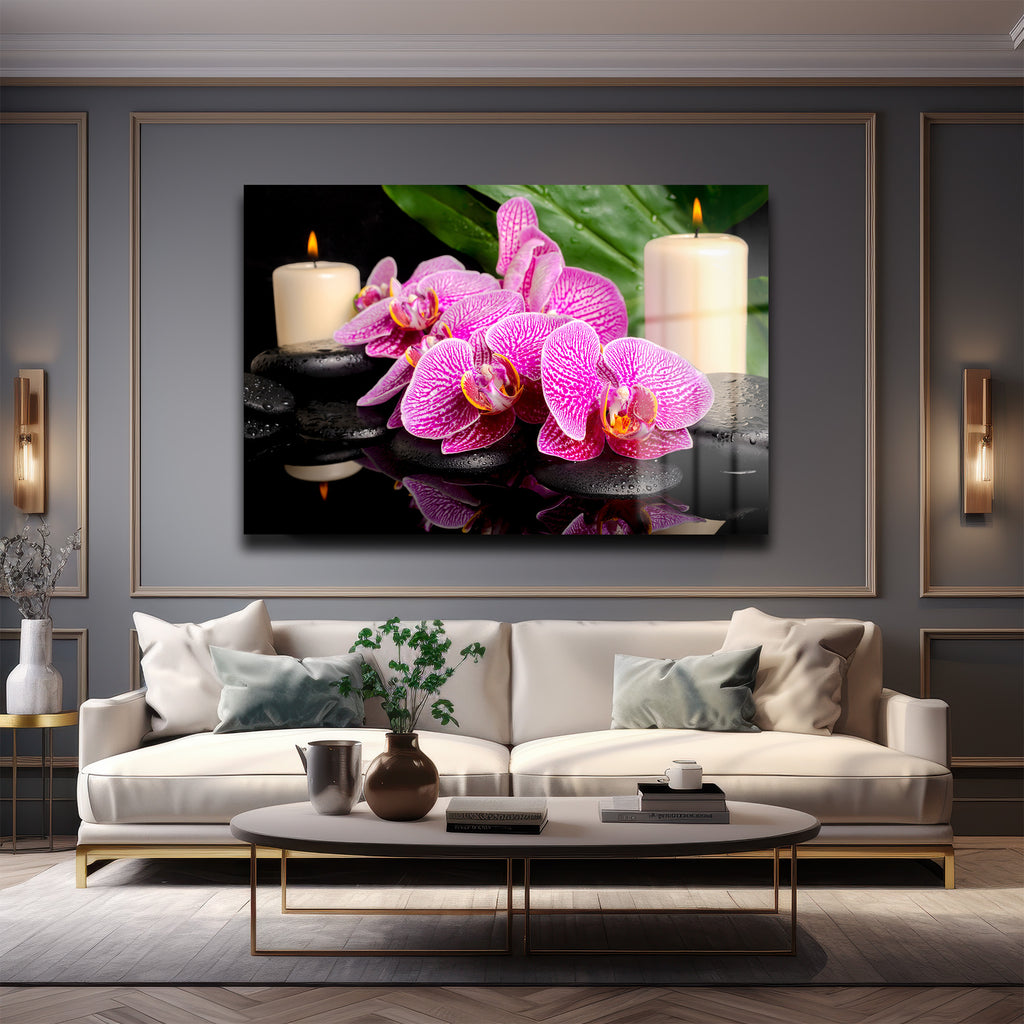 Zen Orkide Rüyası: Pembe Çiçekler ve Spa Taşları Cam Tablo