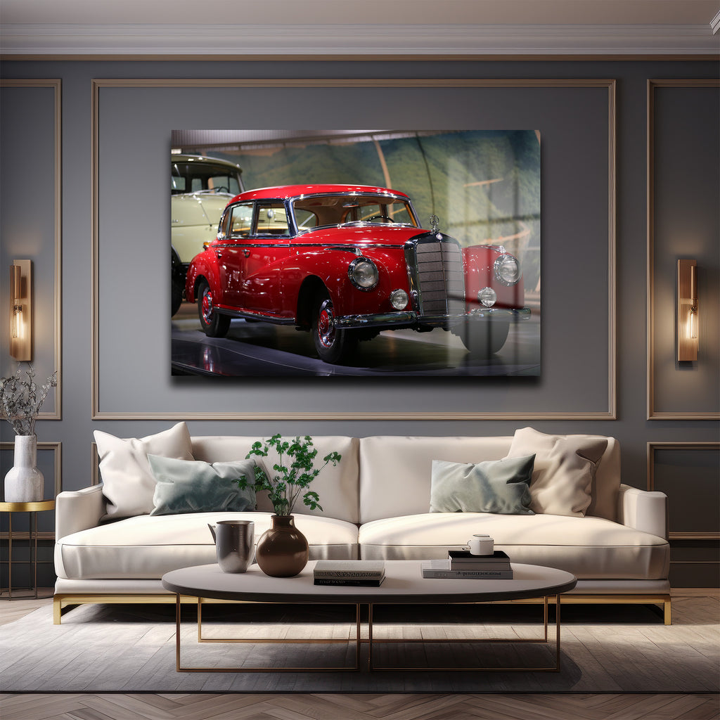 Kızıl Efsane: Vintage Mercedes Klasik Araba Cam Tablo