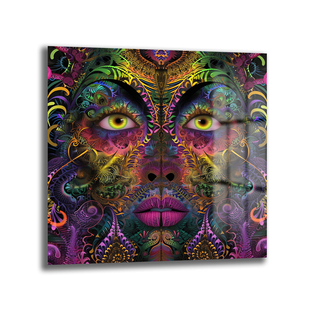 Canlı mor, yeşil, sarı ve turuncu tonlarında karmaşık psychedelic desenlerle bezenmiş, parlak yeşil gözlü ve fuşya dudaklı, soyut bir insan yüzünü gösteren Glazella cam tablo.