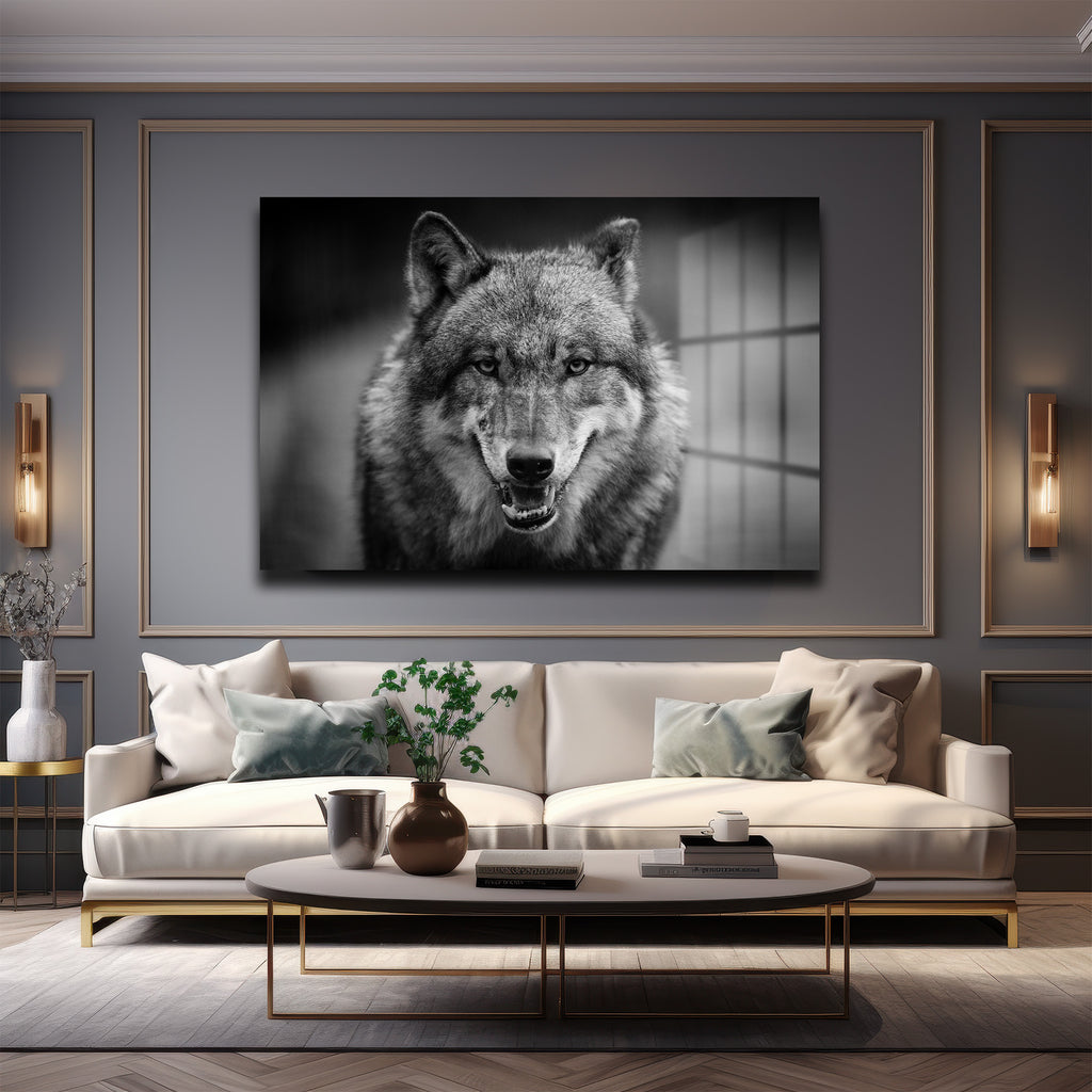 Vahşi Ruh: Siyah Beyaz Kurt Portresi Temperli Cam Tablo