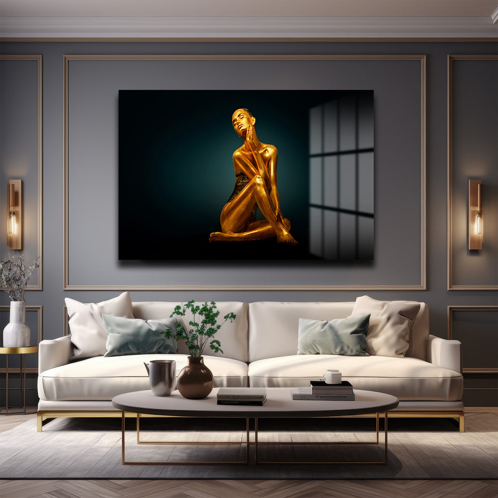 Altın Aura: Büyüleyici Modern Sanat Cam Tablo