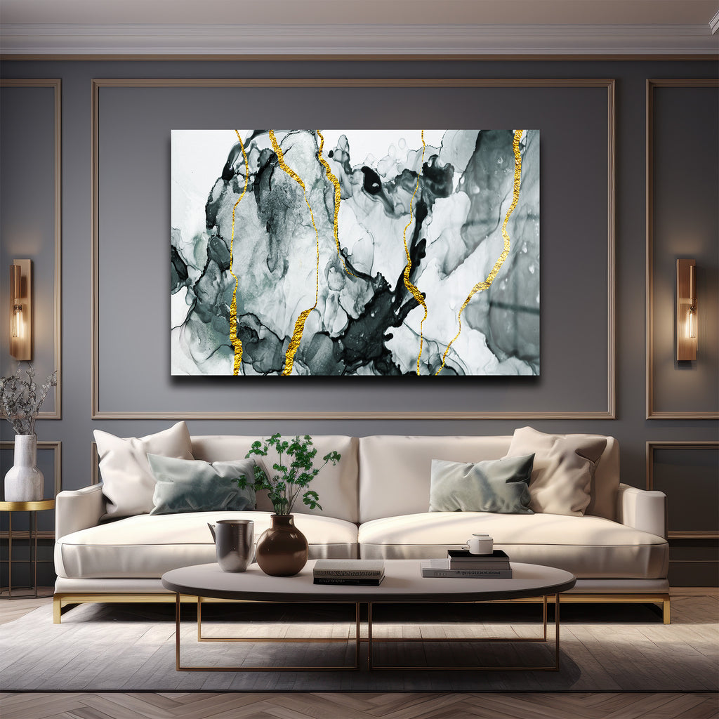 Kintsugi Ruhu: Altın Damarlı Siyah Beyaz Soyut Cam Tablo
