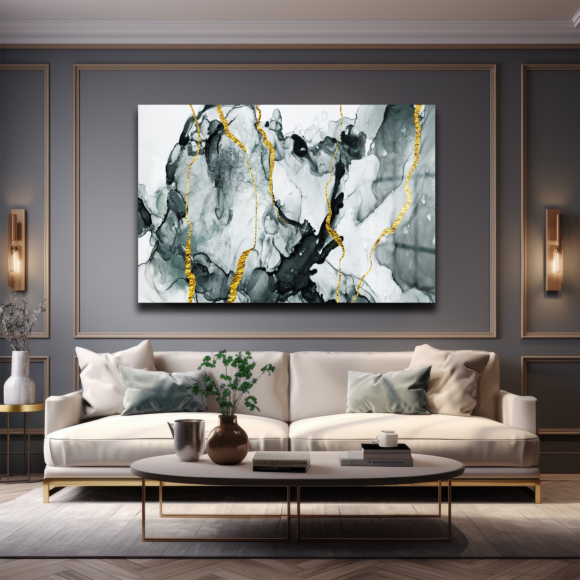 Kintsugi Ruhu: Altın Damarlı Siyah Beyaz Soyut Cam Tablo