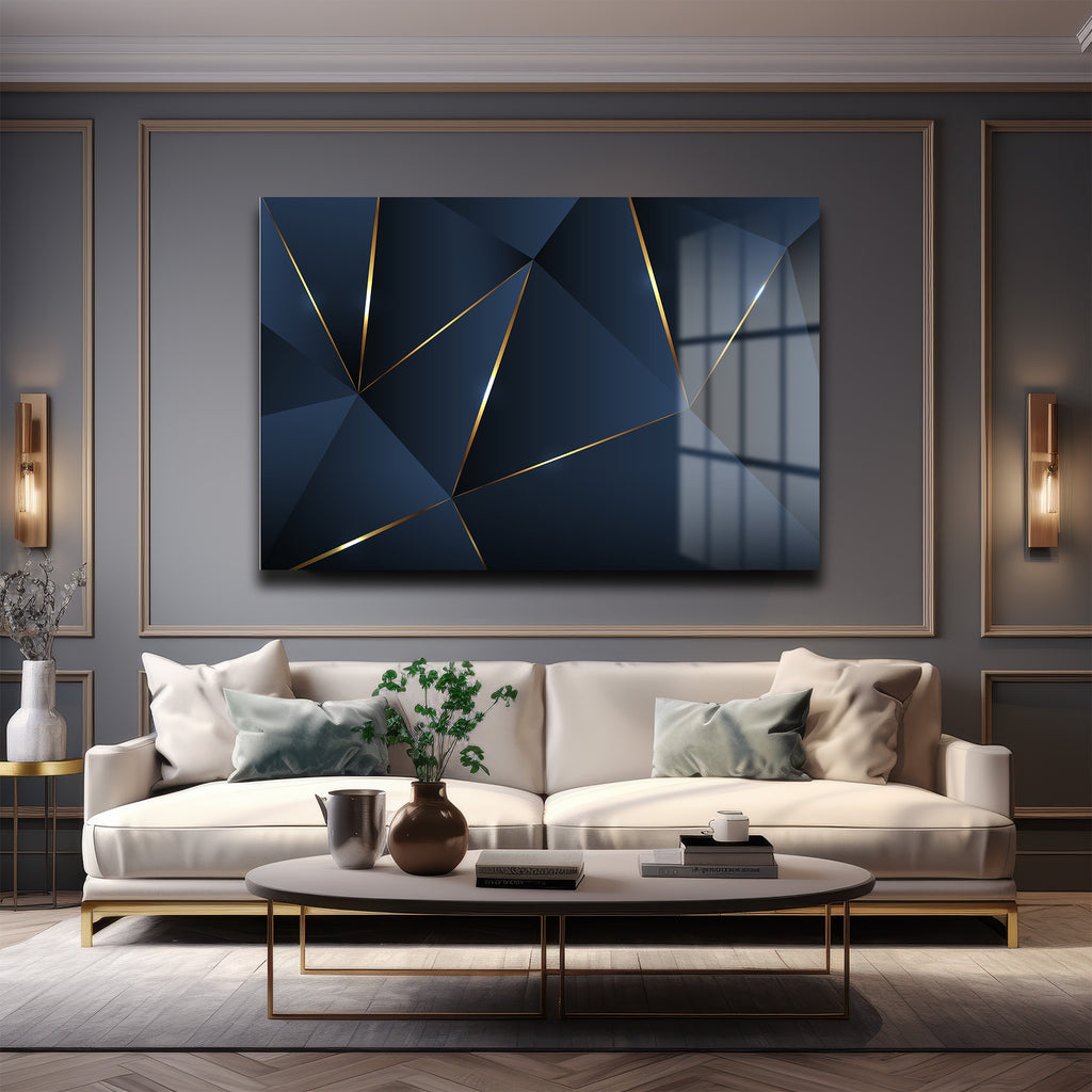 Geometrik Altın Dokunuşlar: Lacivert Modern Cam Tablo