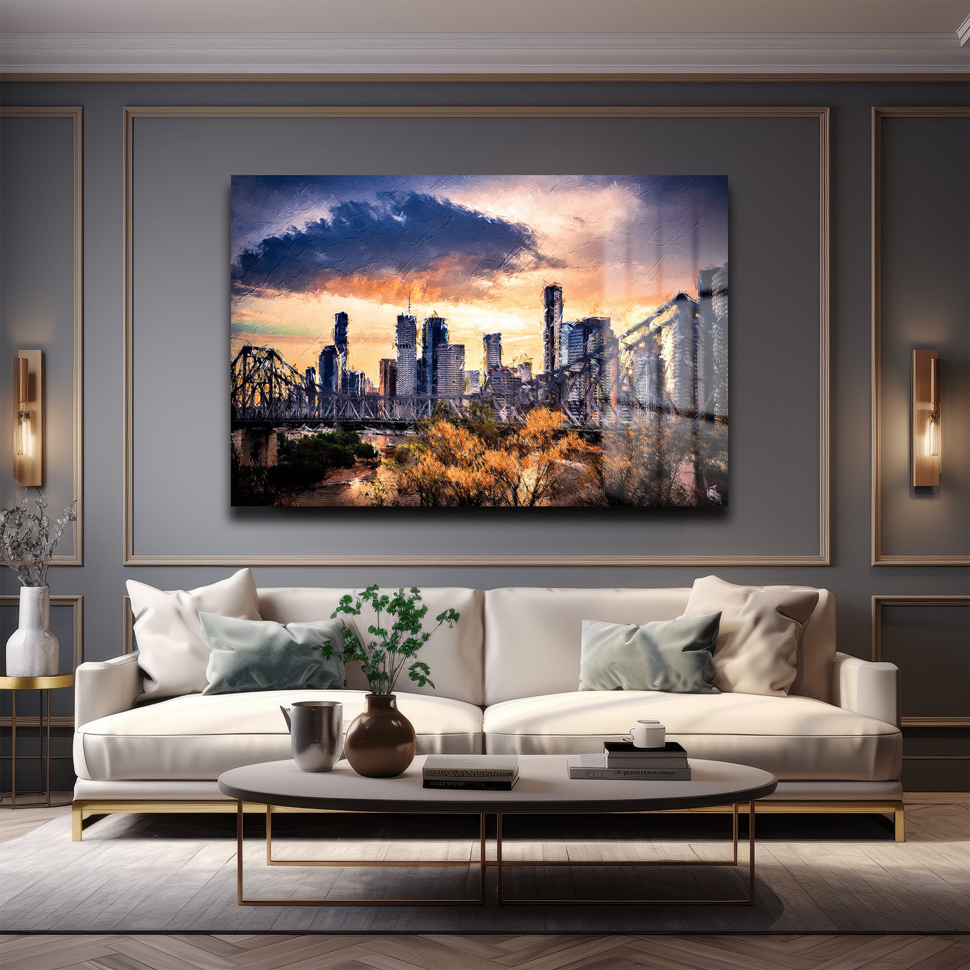 Şehrin Altın Işıltısı: Gün Batımı Şehir Silüeti Temperli Cam Tablo