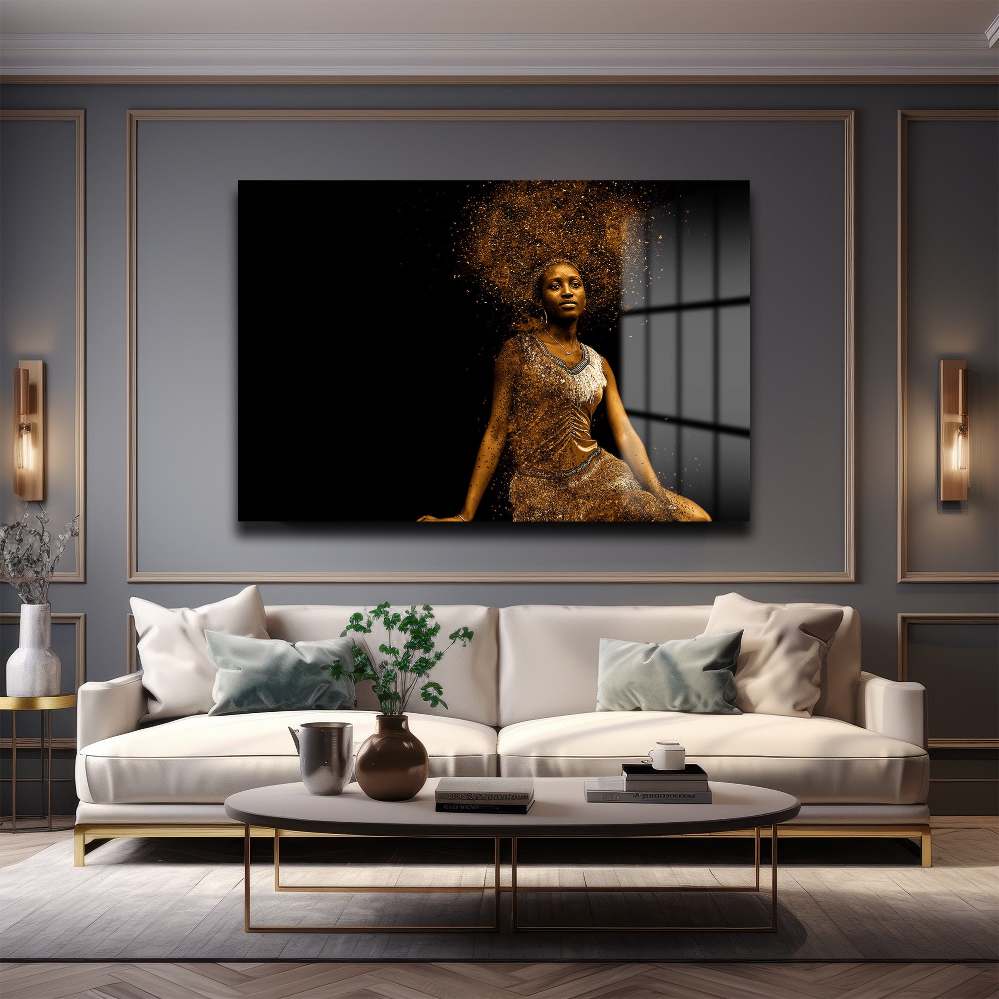 Altın Işıltılı Yükseliş: Modern Sanat Cam Tablo