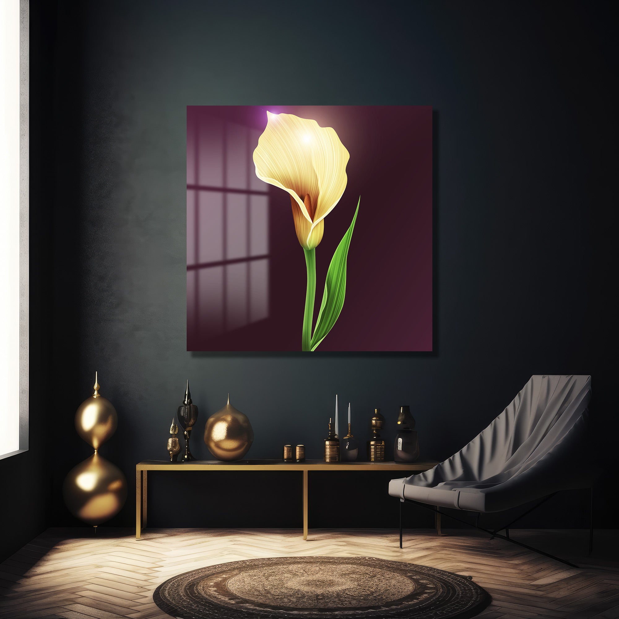 Işıltılı Sarı Calla Zambak Modern Cam Tablo