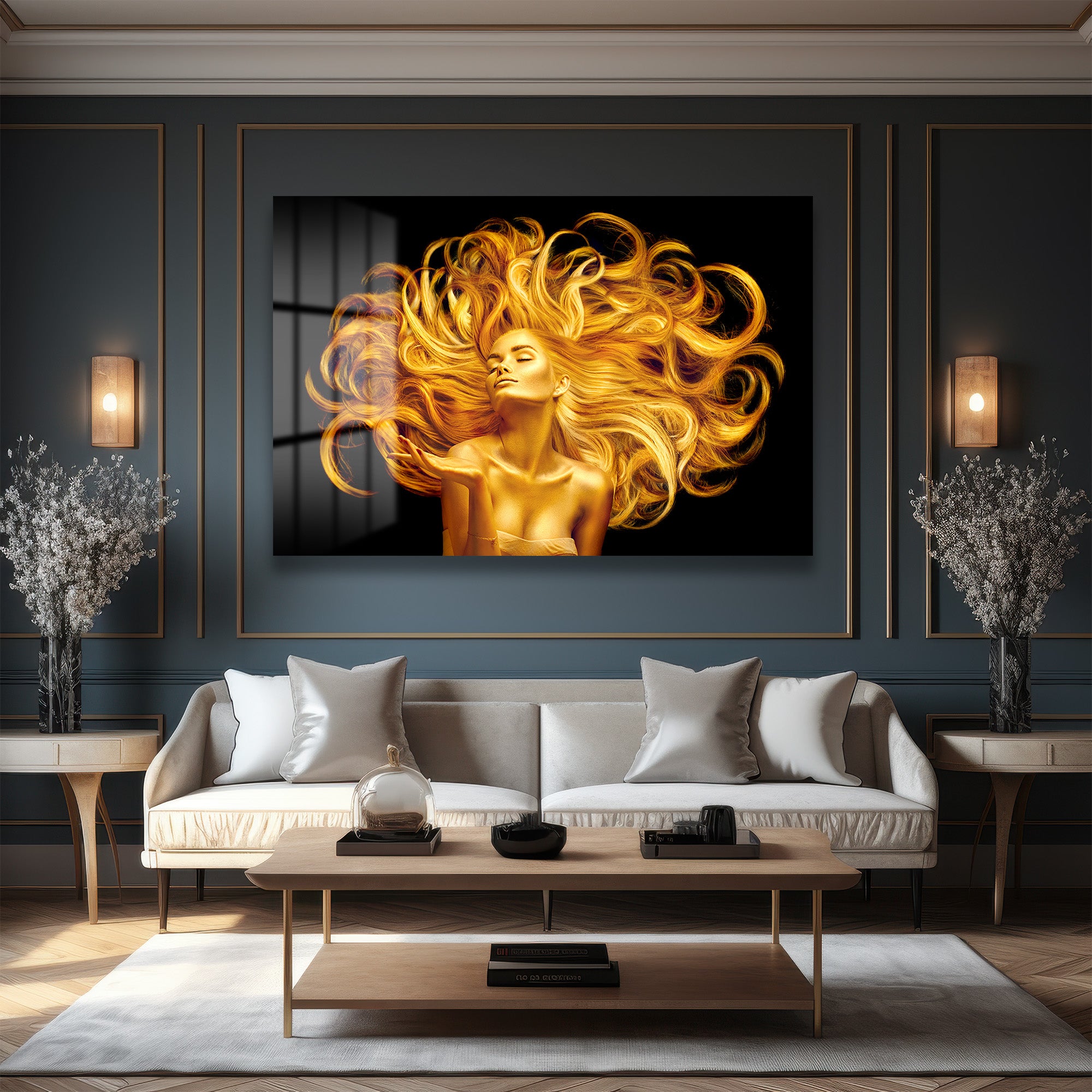 Altın Saçların İhtişamı: Lüks Modern Cam Tablo