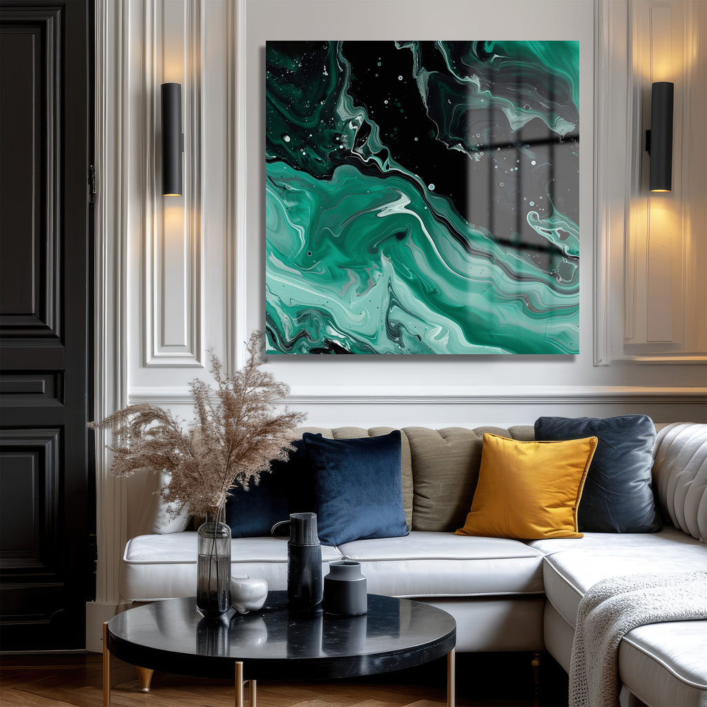 Zümrüt Akışkanlık Cam Tablo - Modern Sanat Duvar Dekoru