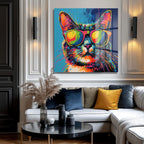 Urban Cool: Gözlüklü Kedi Pop Art Temperli Cam Tablo