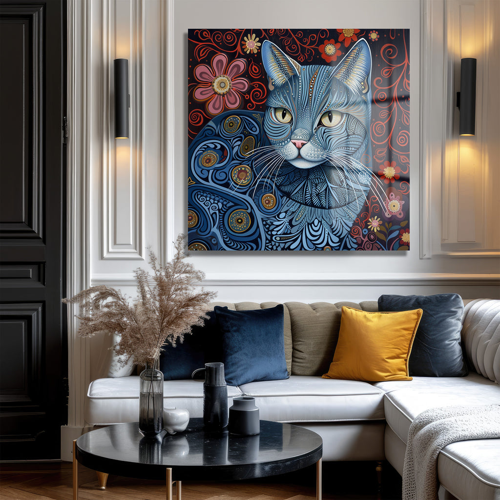 Mistik Mavi Kedi: Canlı Desenli Dekoratif Cam Tablo