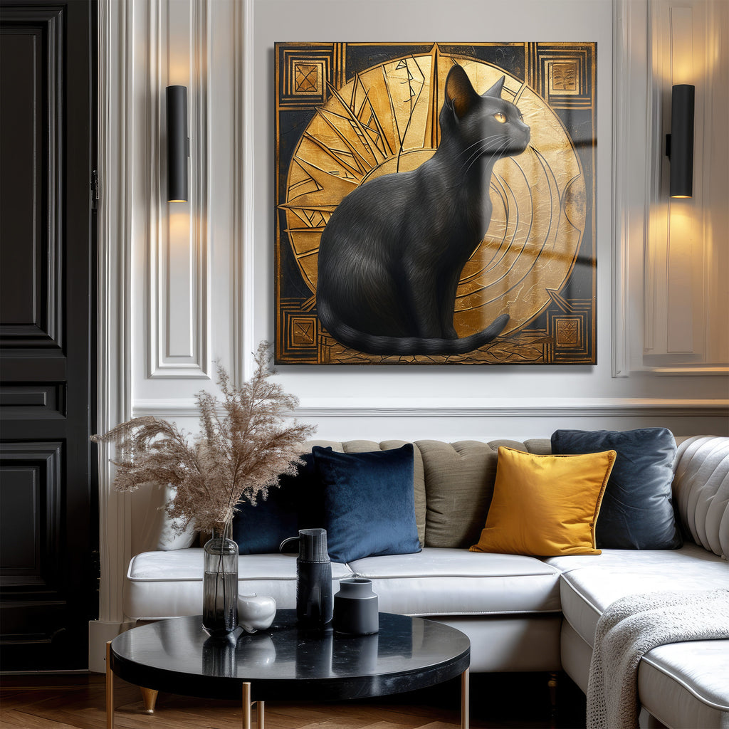Art Deco'nun Asaleti: Altın ve Kara Kedi Temalı Temperli Cam Tablo