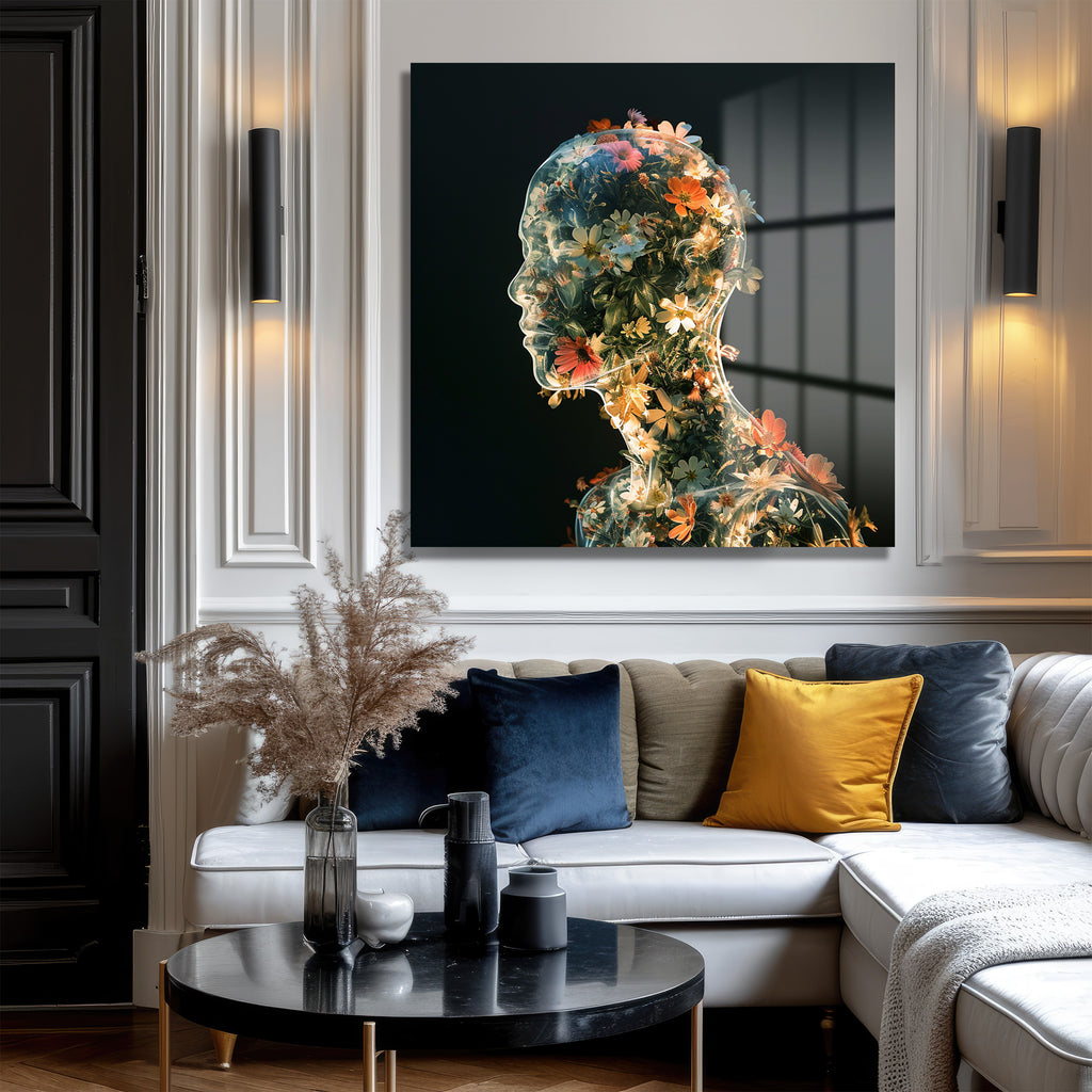 Zihin Bahçesi: Çiçeklerle Dolu İnsan Formu Modern Dekoratif Cam Tablo