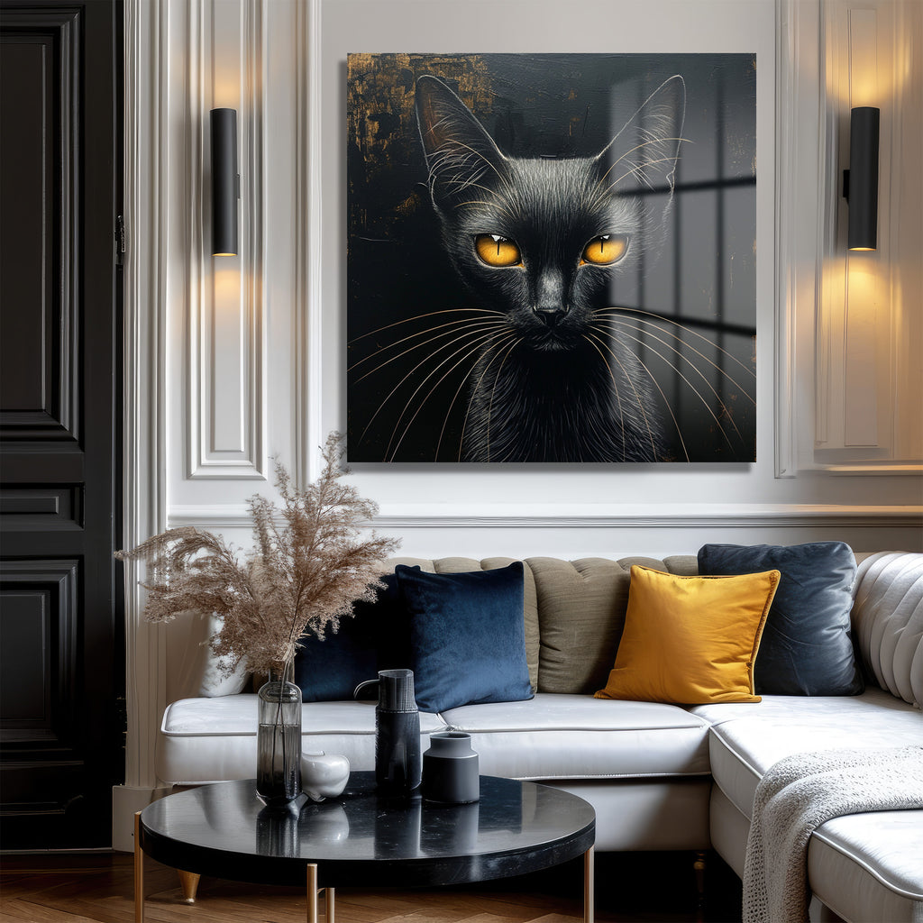 Gizemli Bakışlar: Siyah Kedi Temalı Modern Cam Tablo