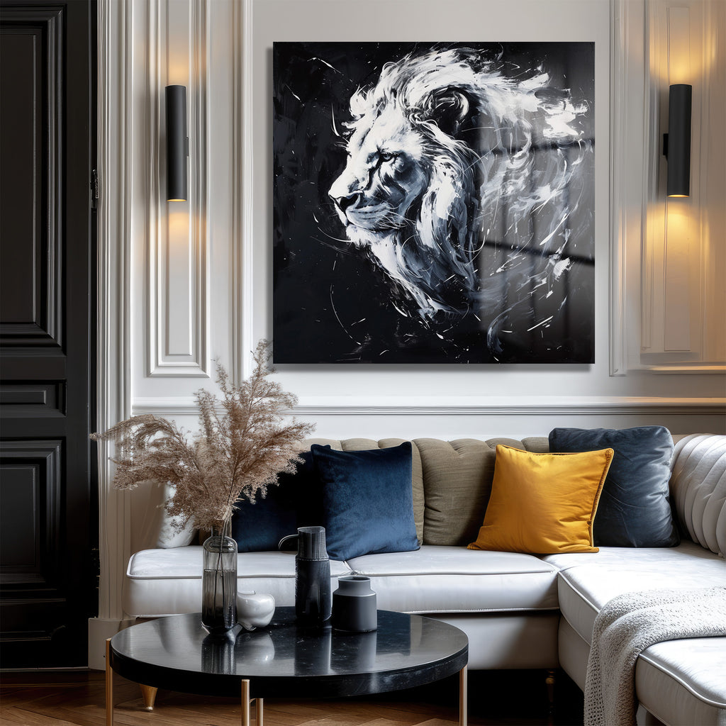 Aslan Yüzü Soyut Siyah Beyaz Modern Cam Tablo